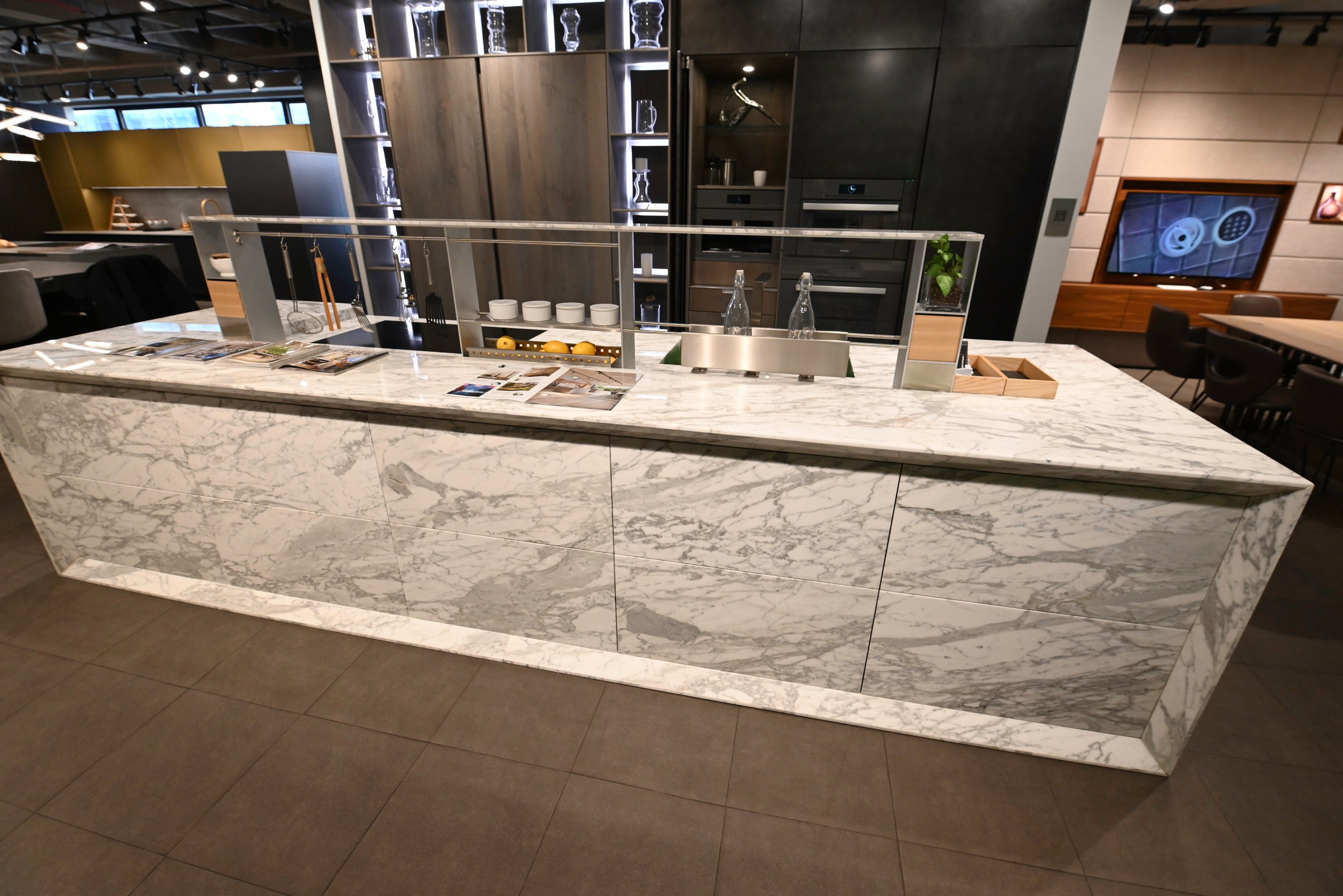 eggersmann USA Chablis Vintage Oak & Steel Grey Modern Kitchen with Arabescato Waterfall Island and Miele Appliance Suite