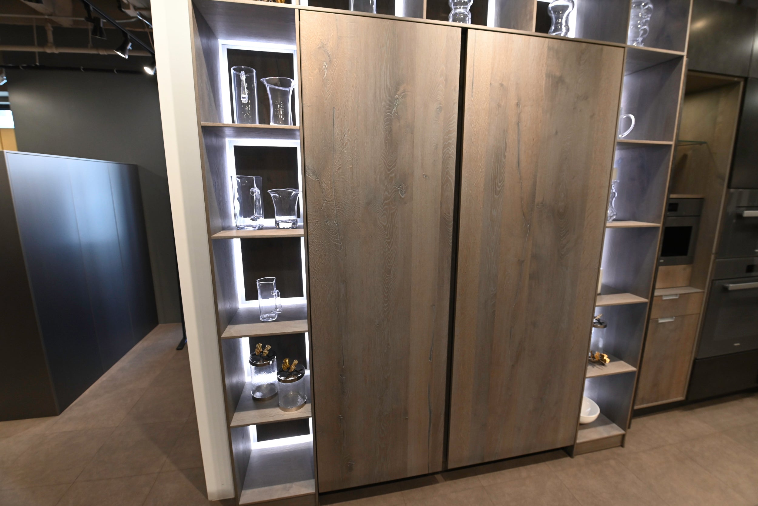 eggersmann USA Chablis Vintage Oak & Steel Grey Modern Kitchen with Arabescato Waterfall Island and Miele Appliance Suite
