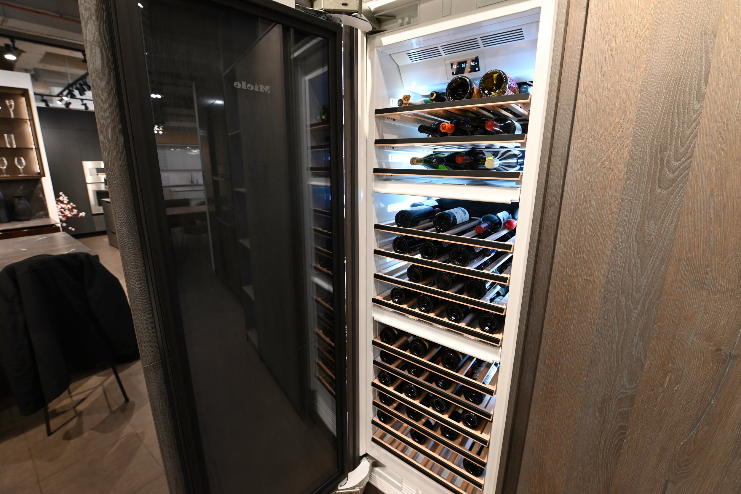 eggersmann Chablis Vintage Oak & Steel Grey Modern Kitchen with Arabescato Waterfall Island and Miele Appliance Suite