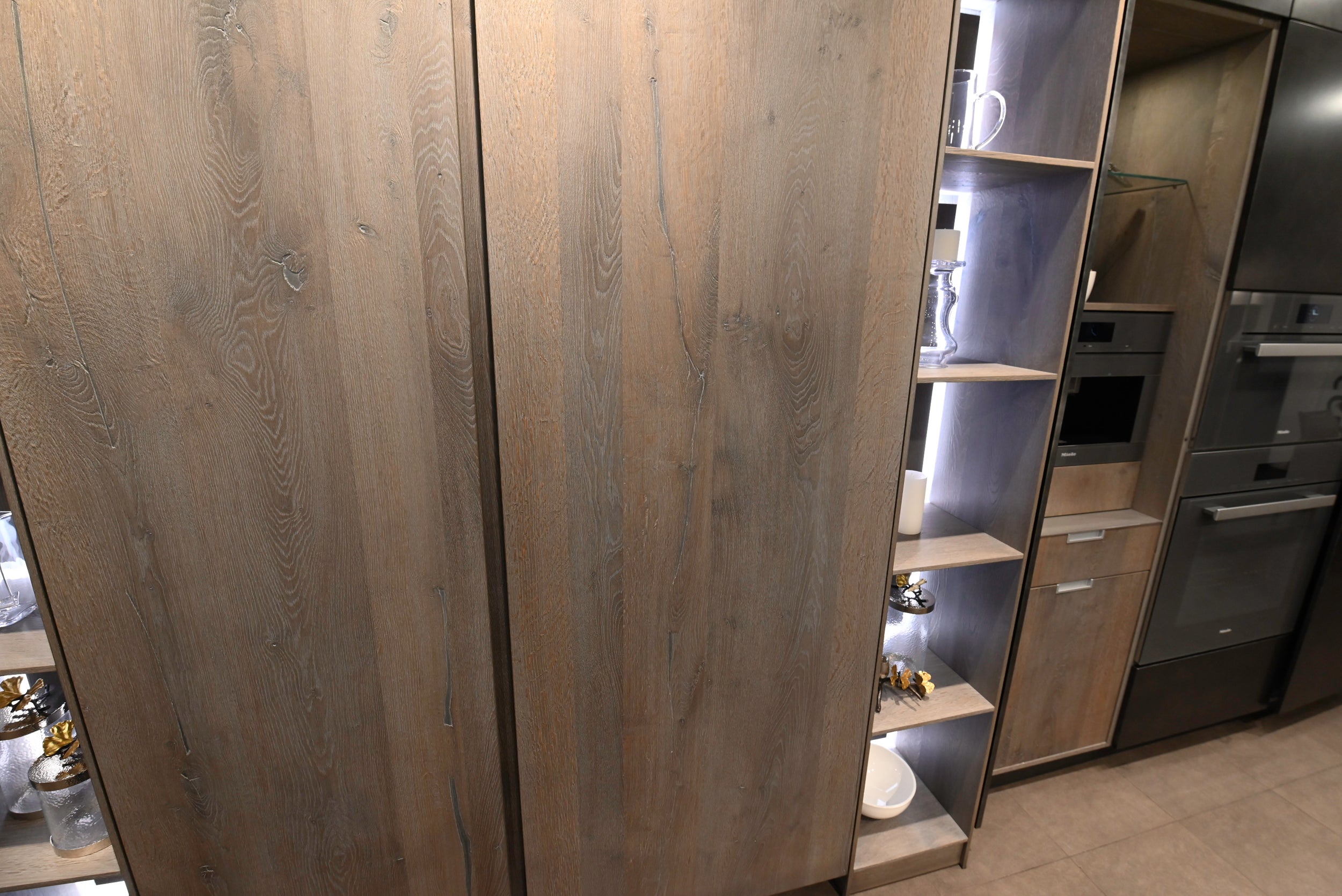 eggersmann Chablis Vintage Oak & Steel Grey Modern Kitchen with Arabescato Waterfall Island and Miele Appliance Suite