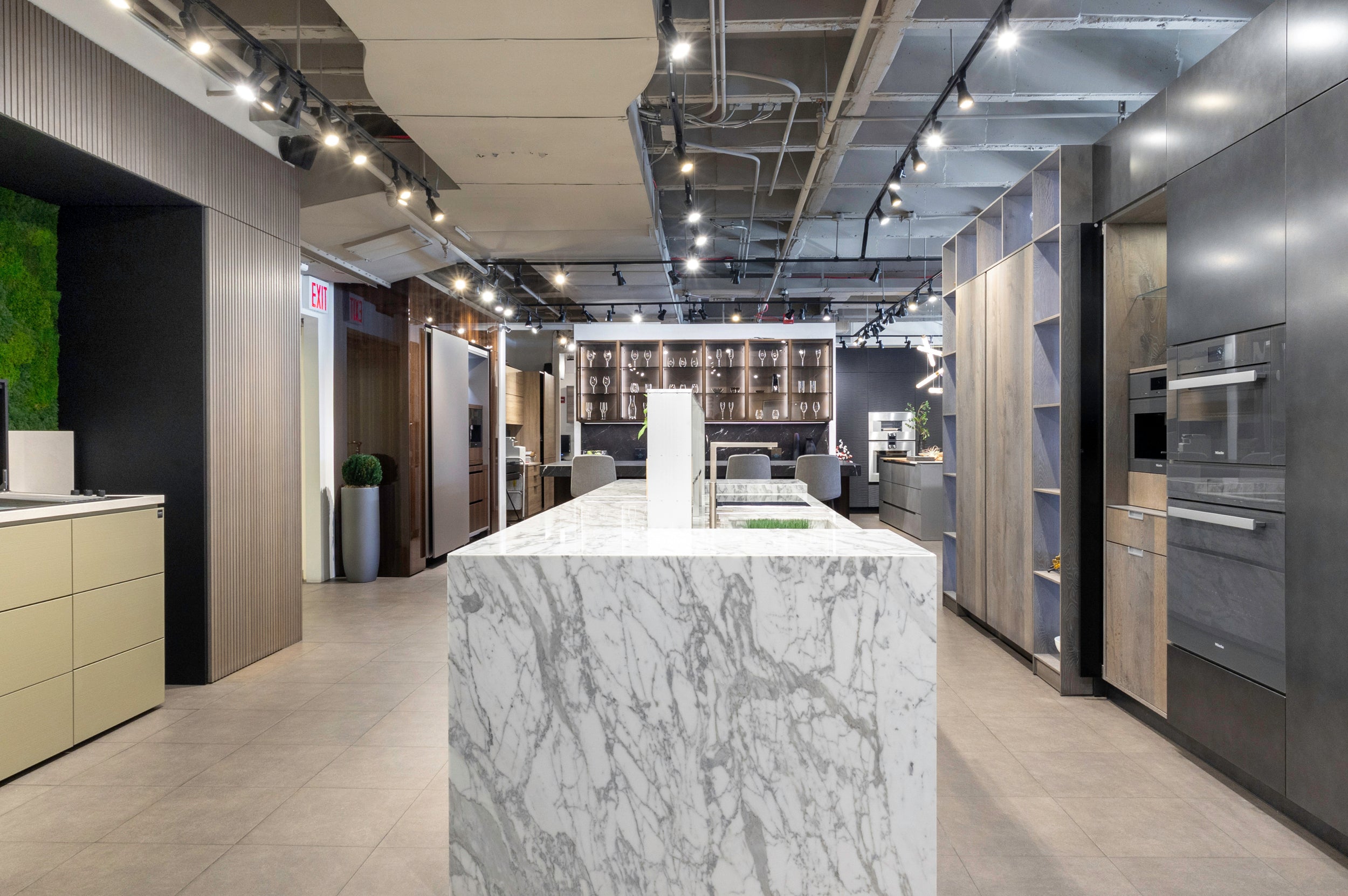 eggersmann Chablis Vintage Oak & Steel Grey Modern Kitchen with Arabescato Waterfall Island and Miele Appliance Suite