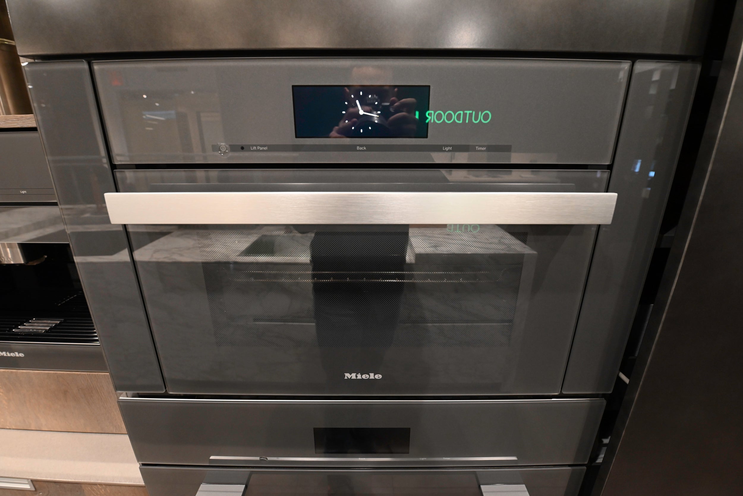 eggersmann Chablis Vintage Oak & Steel Grey Modern Kitchen with Arabescato Waterfall Island and Miele Appliance Suite