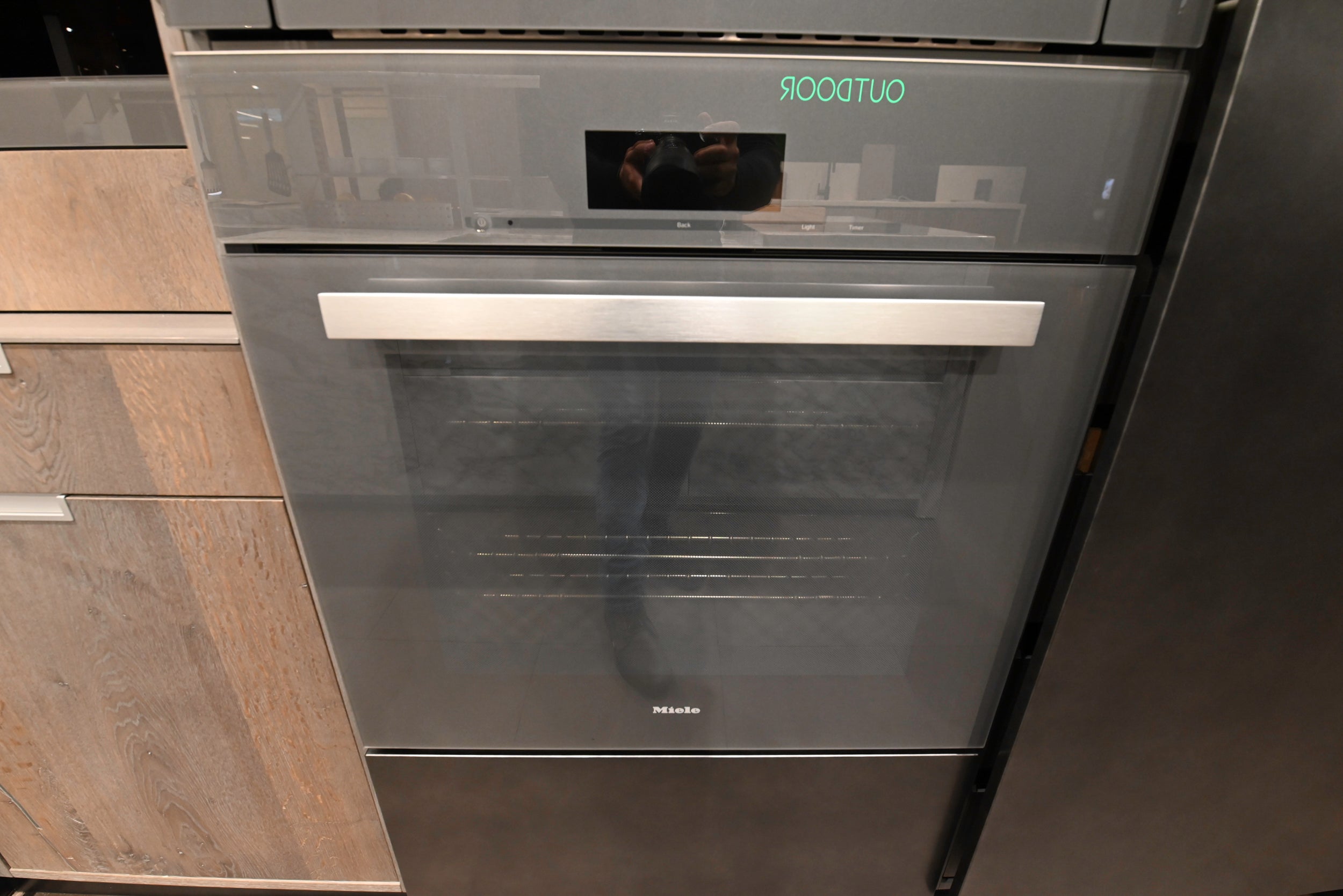 eggersmann Chablis Vintage Oak & Steel Grey Modern Kitchen with Arabescato Waterfall Island and Miele Appliance Suite