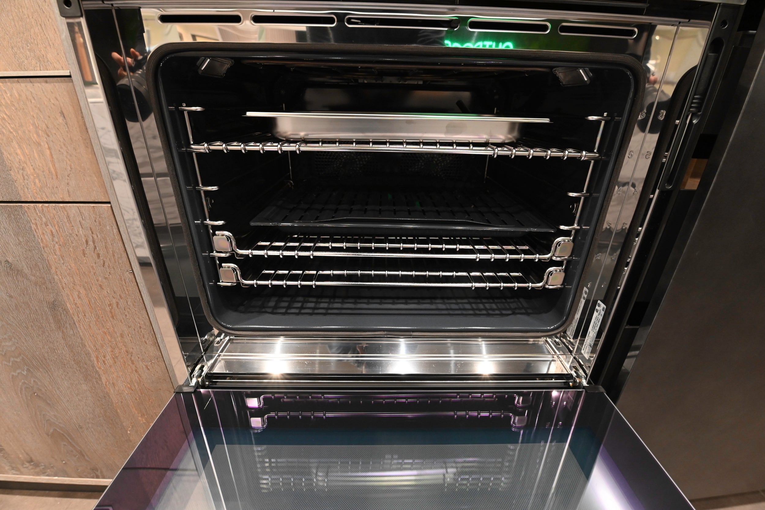 eggersmann Chablis Vintage Oak & Steel Grey Modern Kitchen with Arabescato Waterfall Island and Miele Appliance Suite