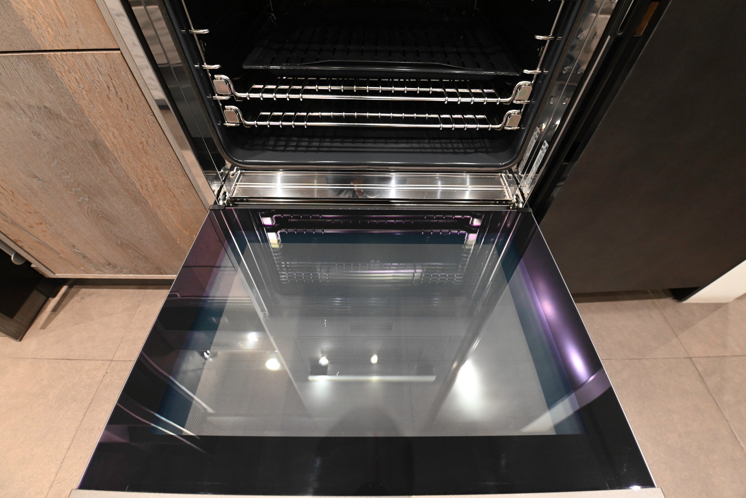 eggersmann Chablis Vintage Oak & Steel Grey Modern Kitchen with Arabescato Waterfall Island and Miele Appliance Suite