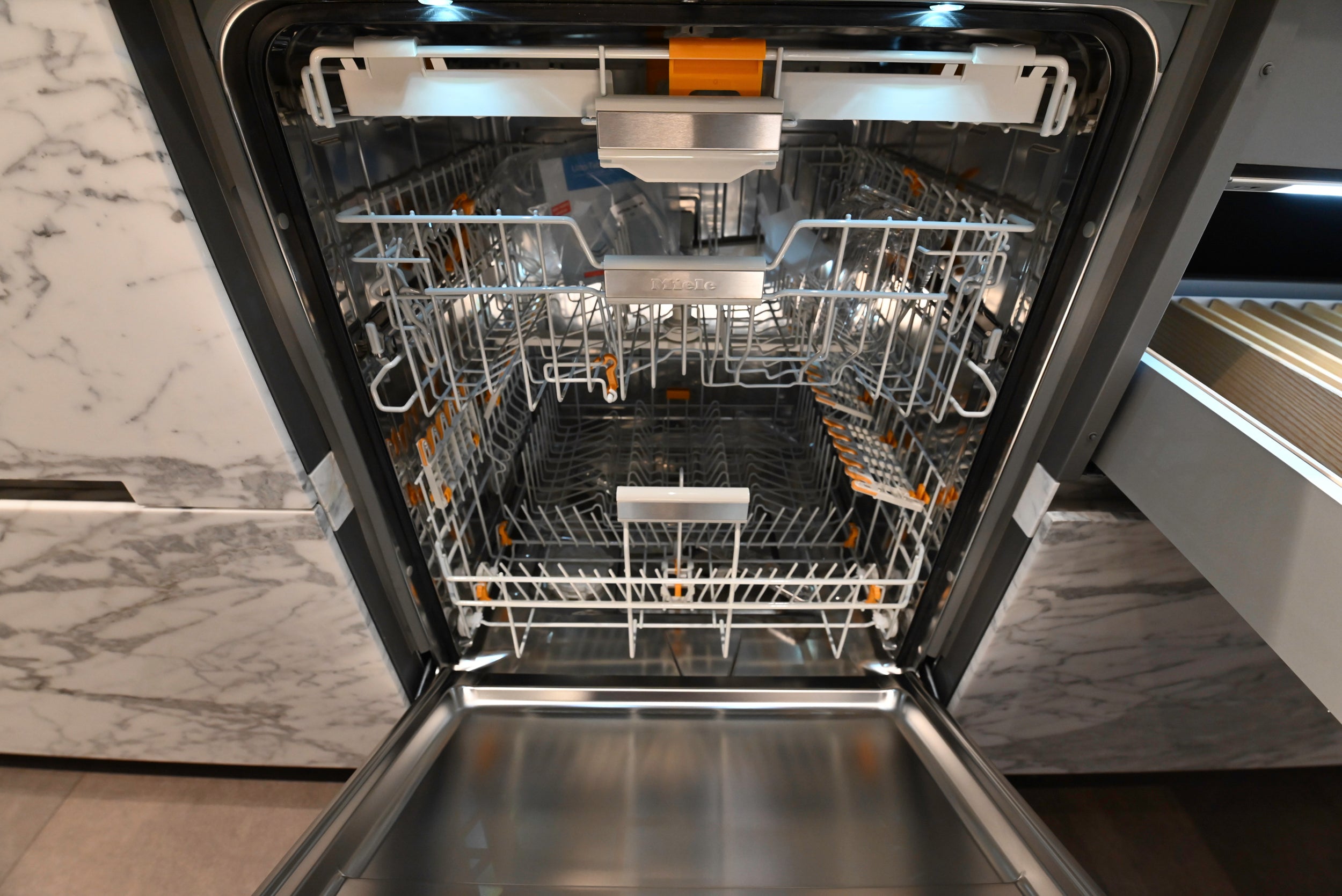 eggersmann Chablis Vintage Oak & Steel Grey Modern Kitchen with Arabescato Waterfall Island and Miele Appliance Suite