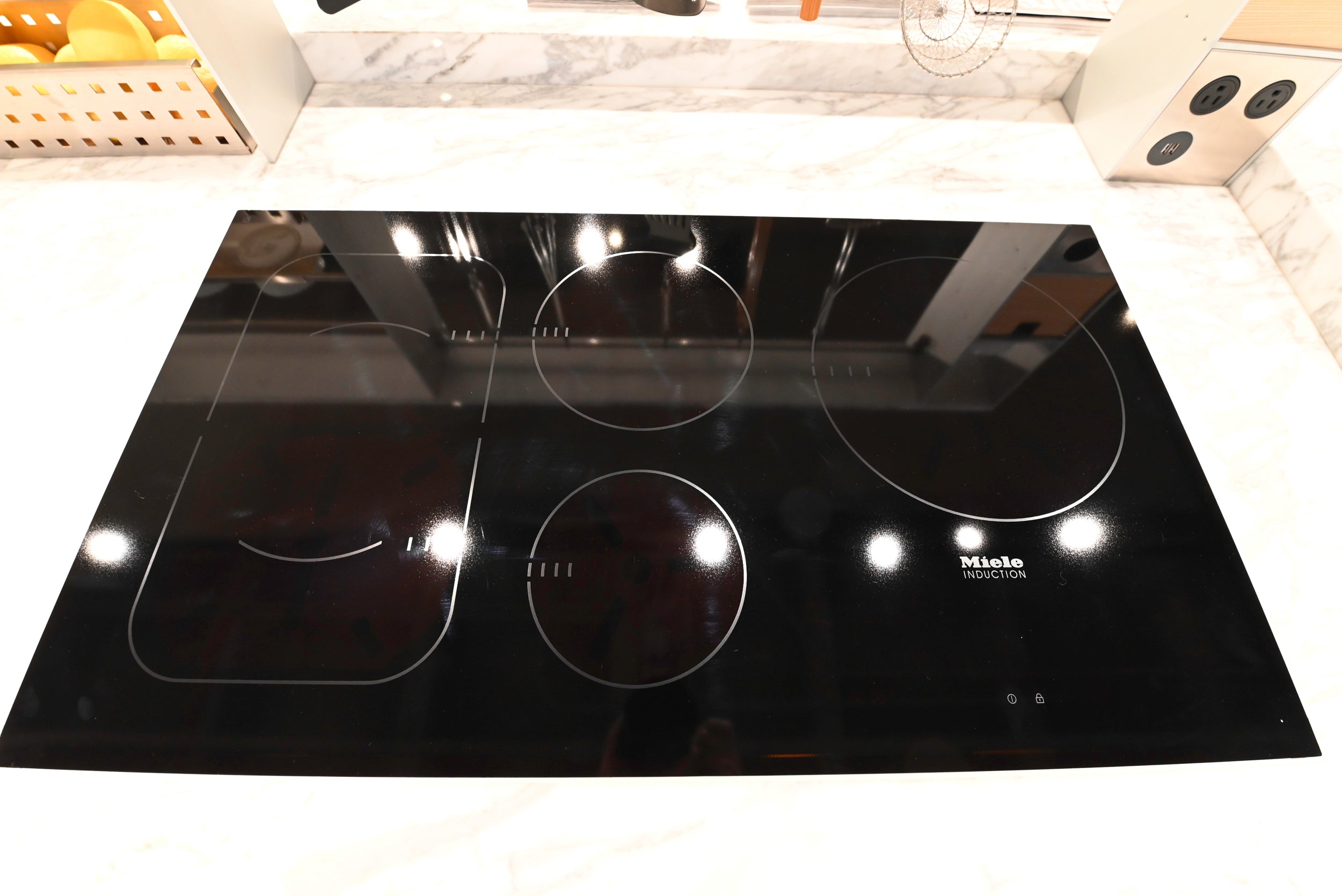 eggersmann Chablis Vintage Oak & Steel Grey Modern Kitchen with Arabescato Waterfall Island and Miele Appliance Suite