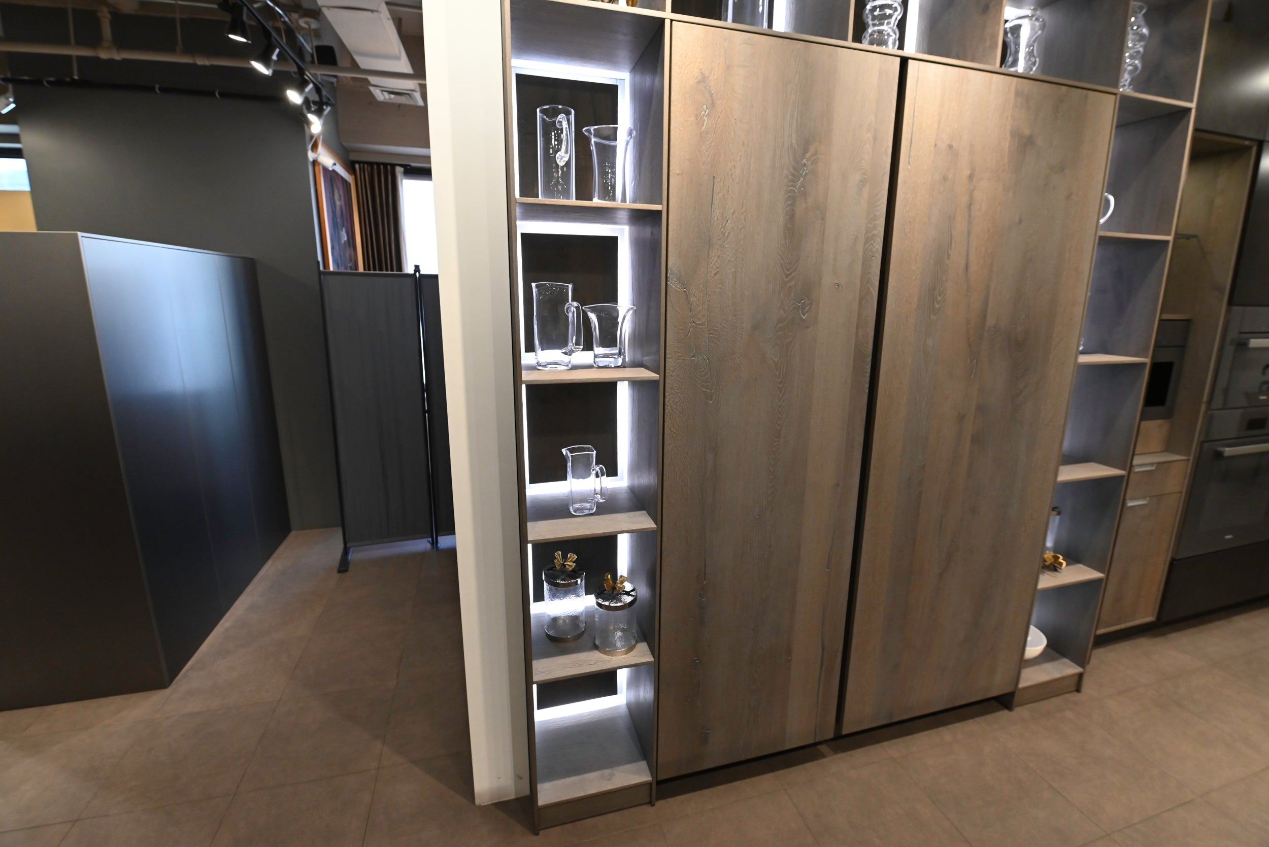 eggersmann USA Chablis Vintage Oak & Steel Grey Modern Kitchen with Arabescato Waterfall Island and Miele Appliance Suite