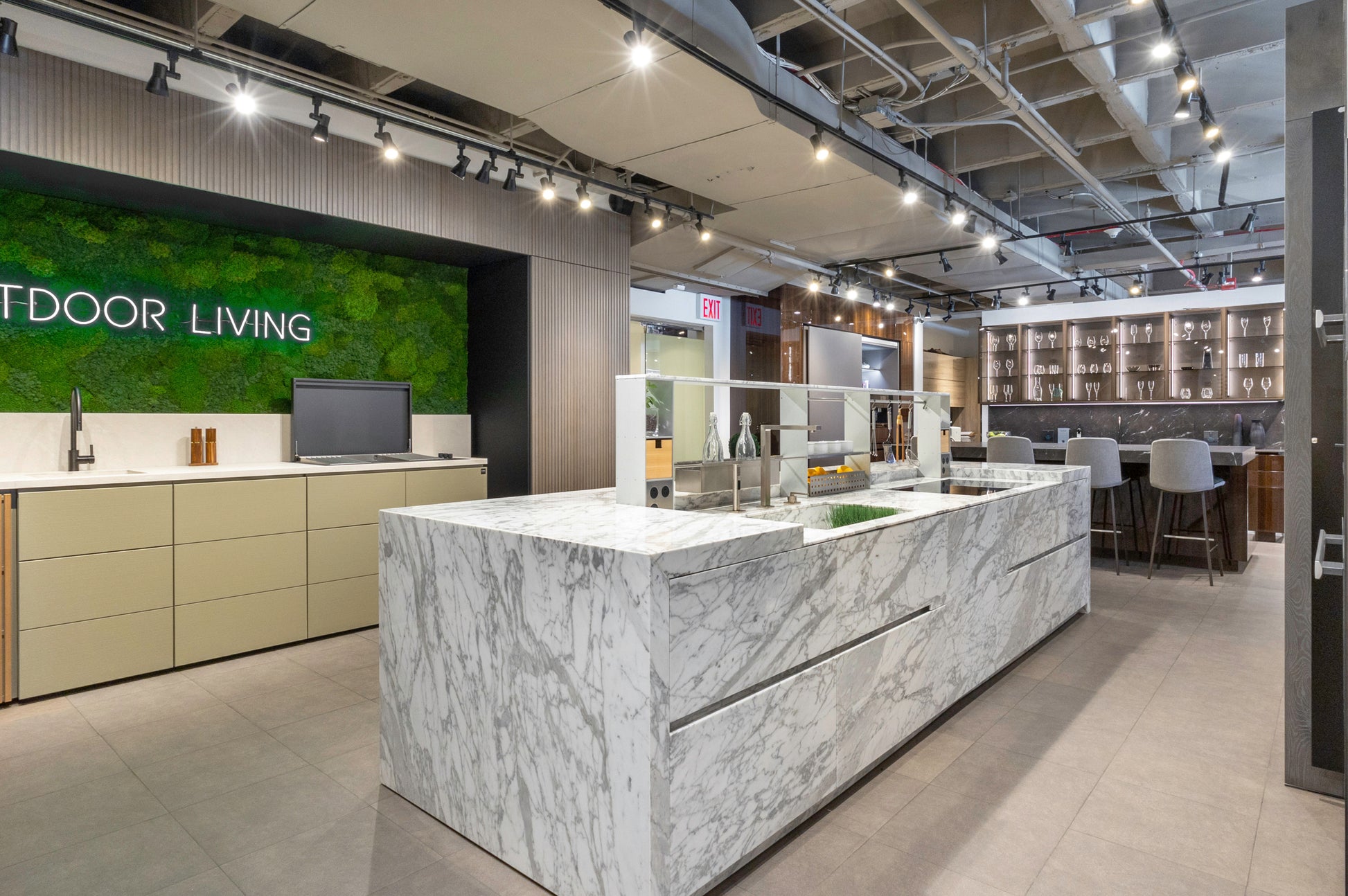 eggersmann Chablis Vintage Oak & Steel Grey Modern Kitchen with Arabescato Waterfall Island and Miele Appliance Suite