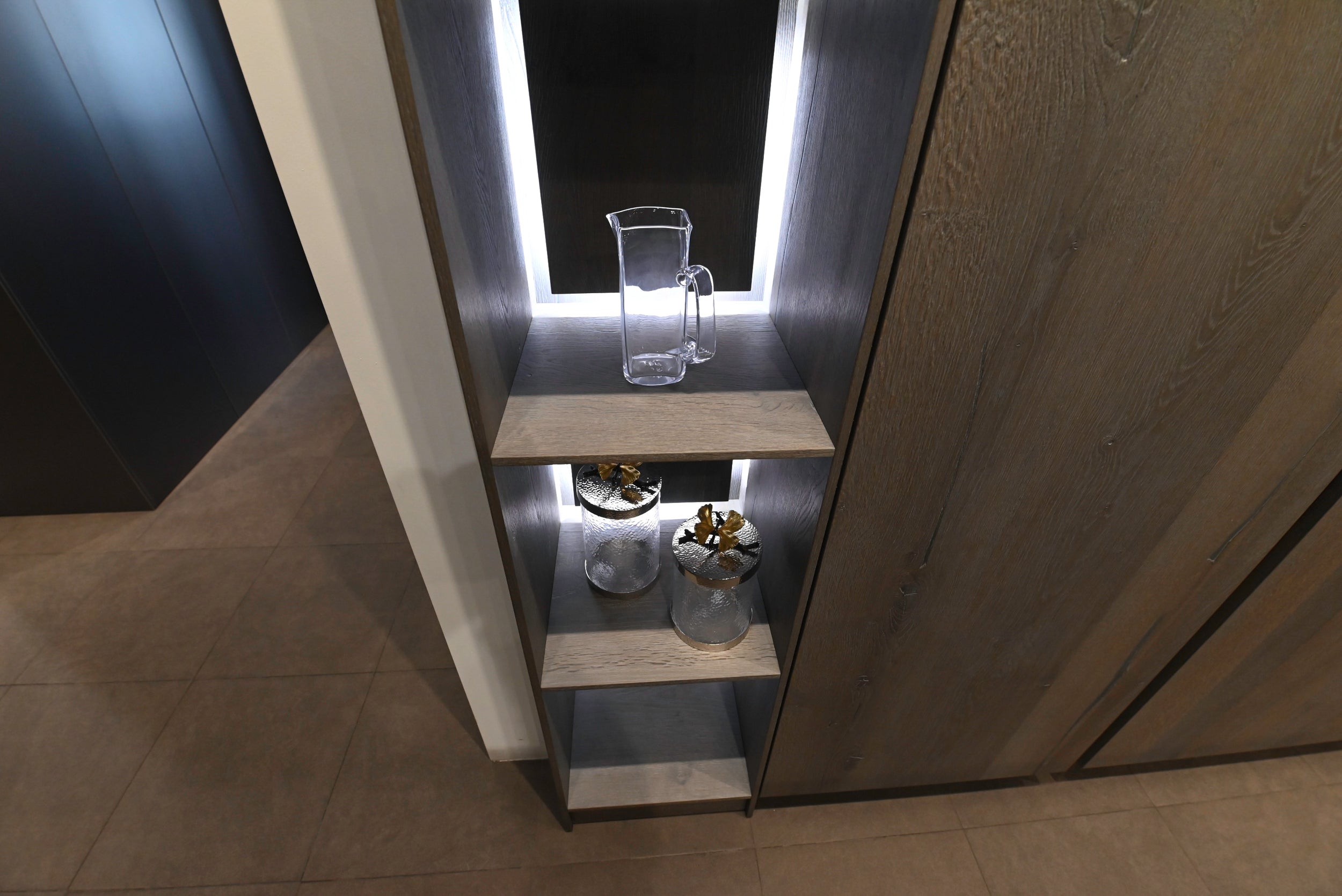eggersmann USA Chablis Vintage Oak & Steel Grey Modern Kitchen with Arabescato Waterfall Island and Miele Appliance Suite