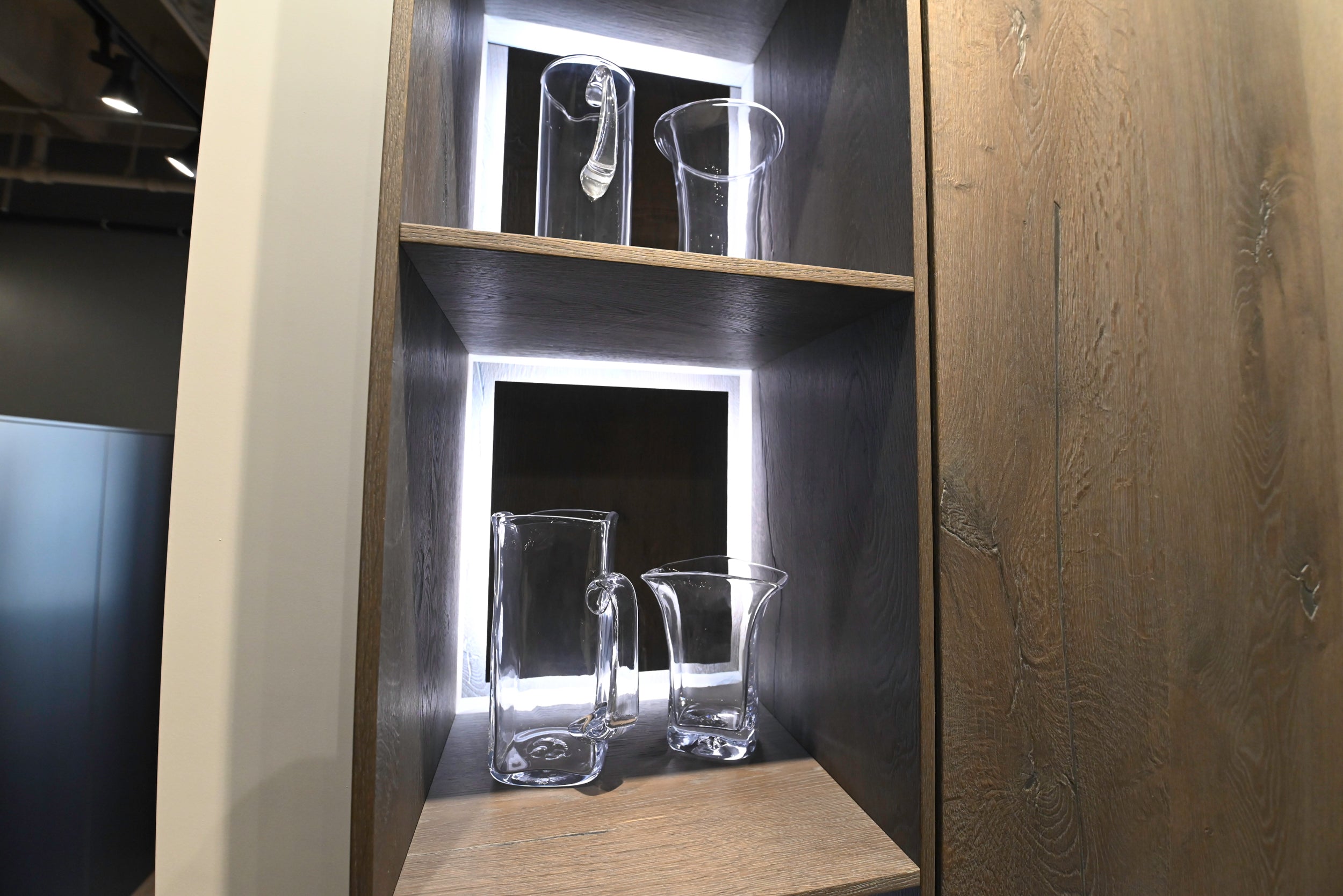 eggersmann Chablis Vintage Oak & Steel Grey Modern Kitchen with Arabescato Waterfall Island and Miele Appliance Suite