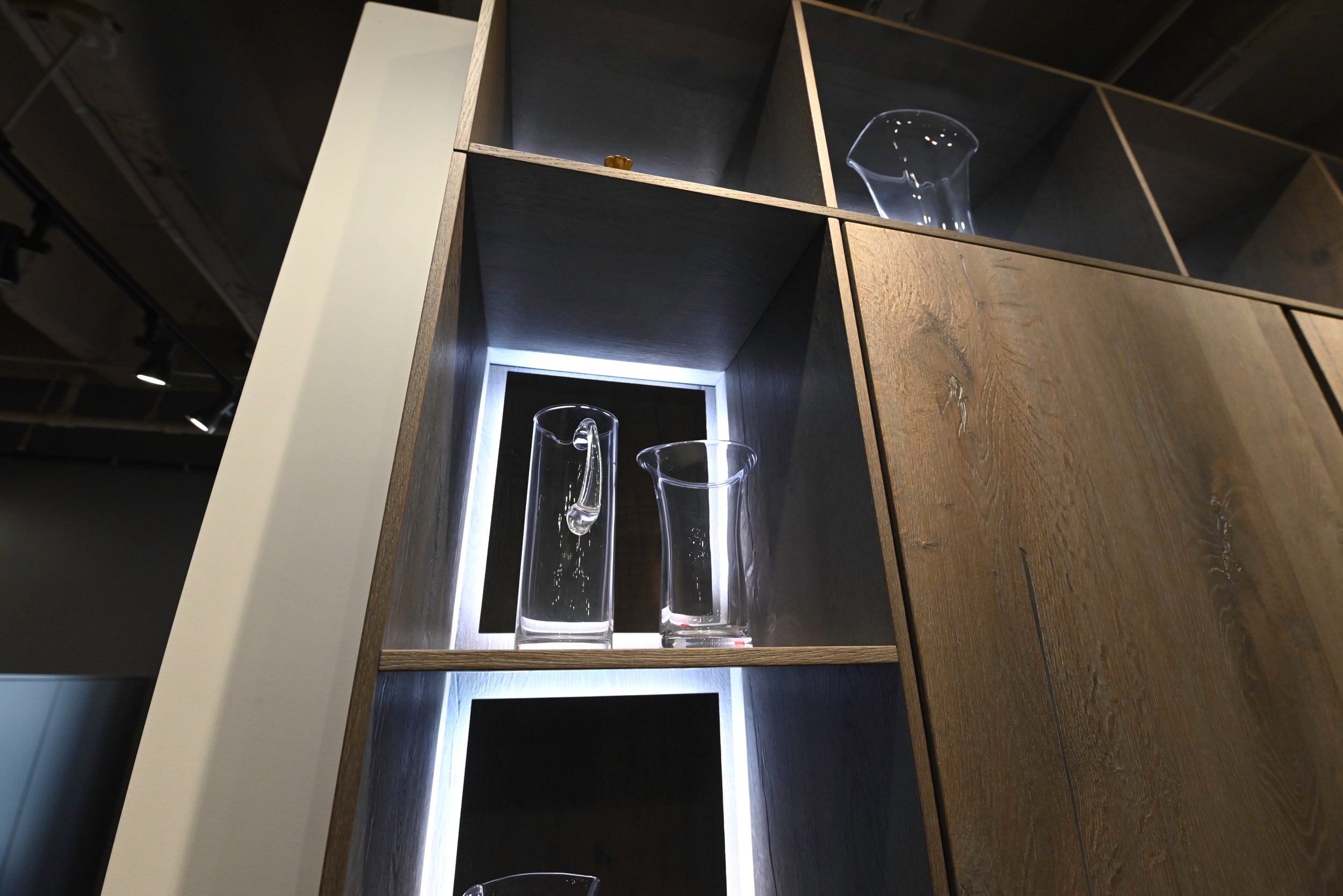 eggersmann USA Chablis Vintage Oak & Steel Grey Modern Kitchen with Arabescato Waterfall Island and Miele Appliance Suite