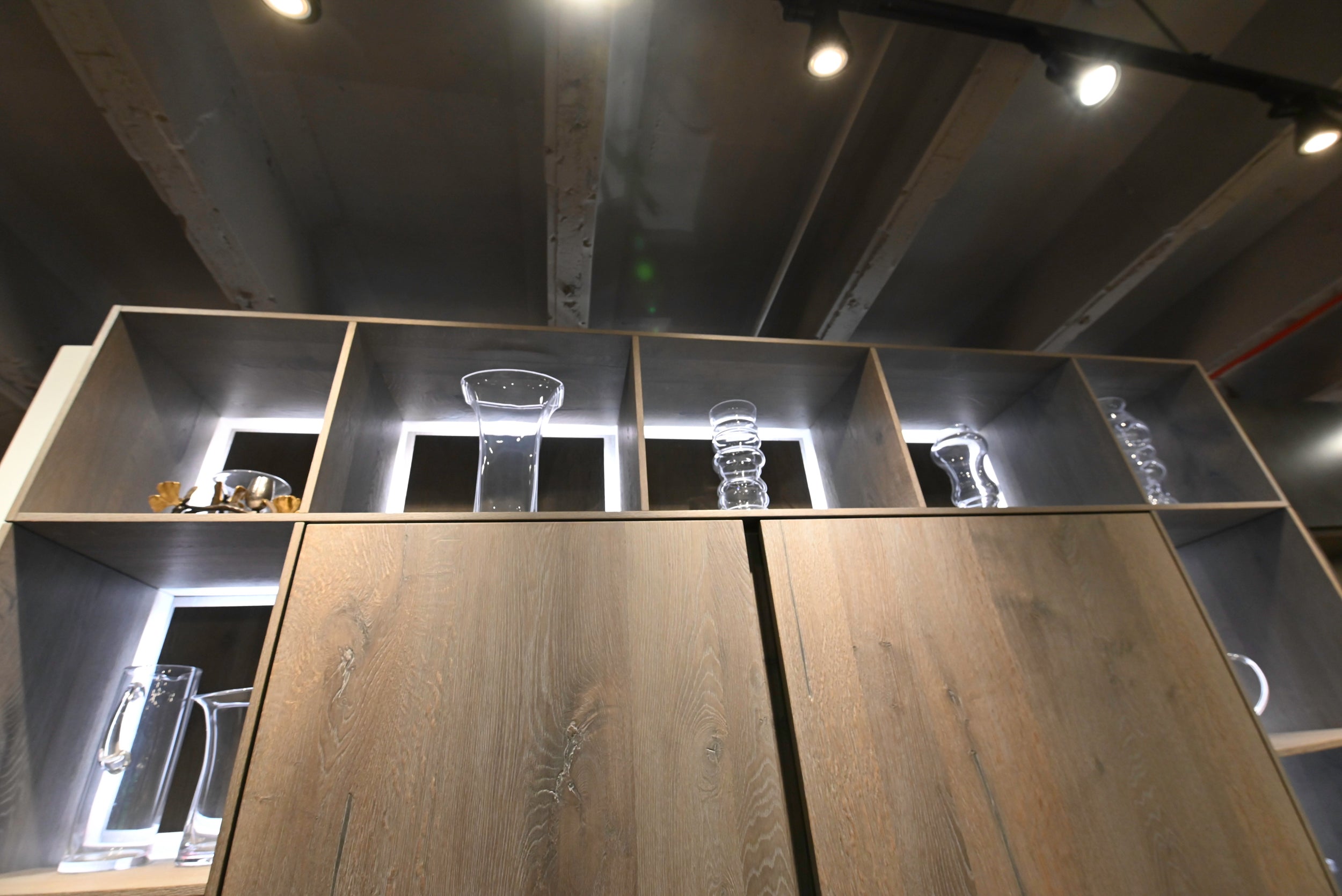 eggersmann USA Chablis Vintage Oak & Steel Grey Modern Kitchen with Arabescato Waterfall Island and Miele Appliance Suite