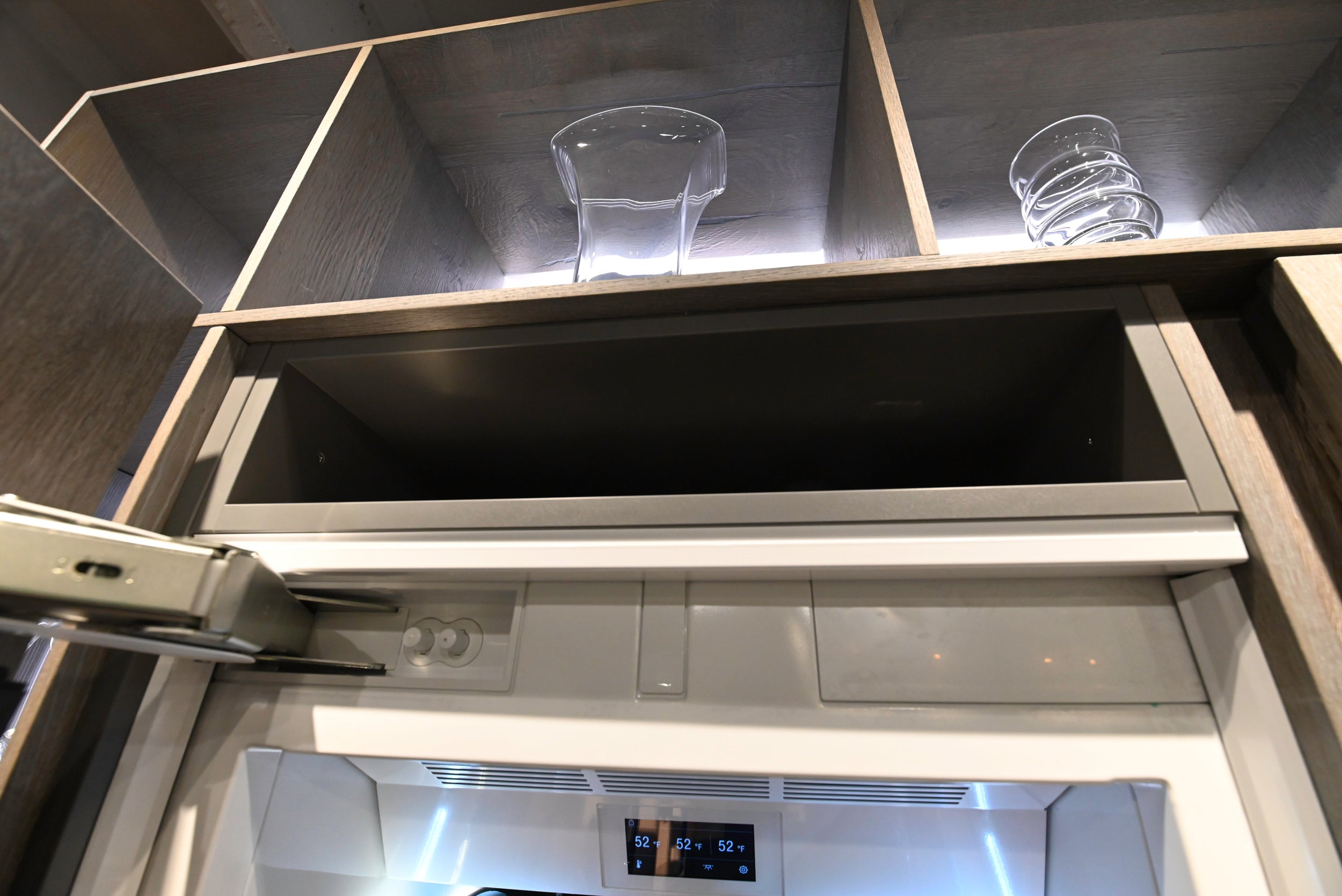 eggersmann Chablis Vintage Oak & Steel Grey Modern Kitchen with Arabescato Waterfall Island and Miele Appliance Suite