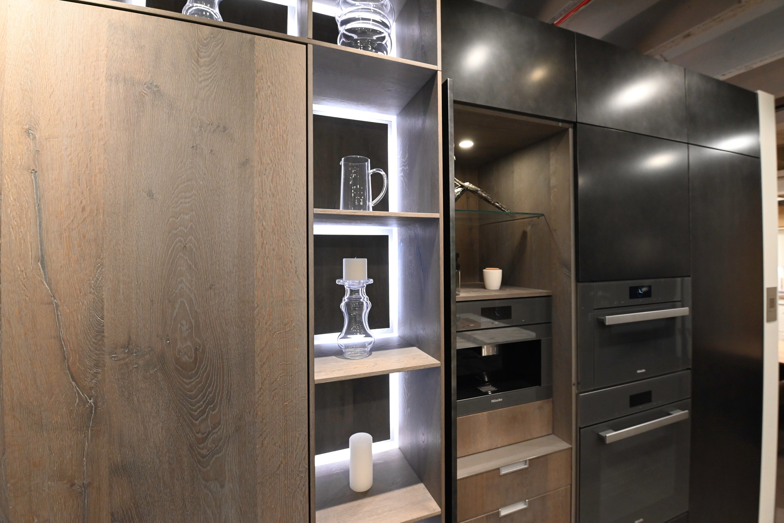 eggersmann USA Chablis Vintage Oak & Steel Grey Modern Kitchen with Arabescato Waterfall Island and Miele Appliance Suite