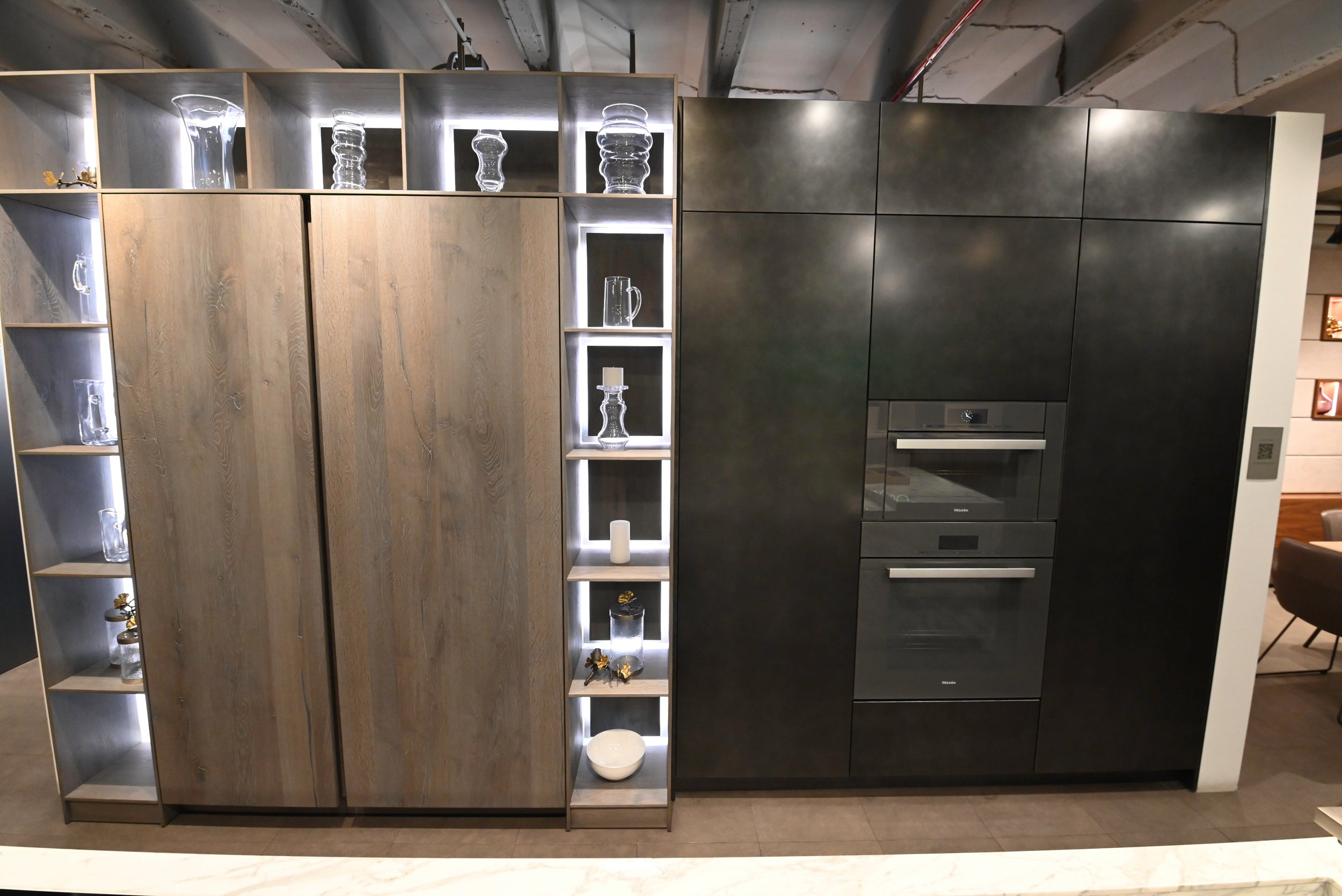 eggersmann USA Chablis Vintage Oak & Steel Grey Modern Kitchen with Arabescato Waterfall Island and Miele Appliance Suite