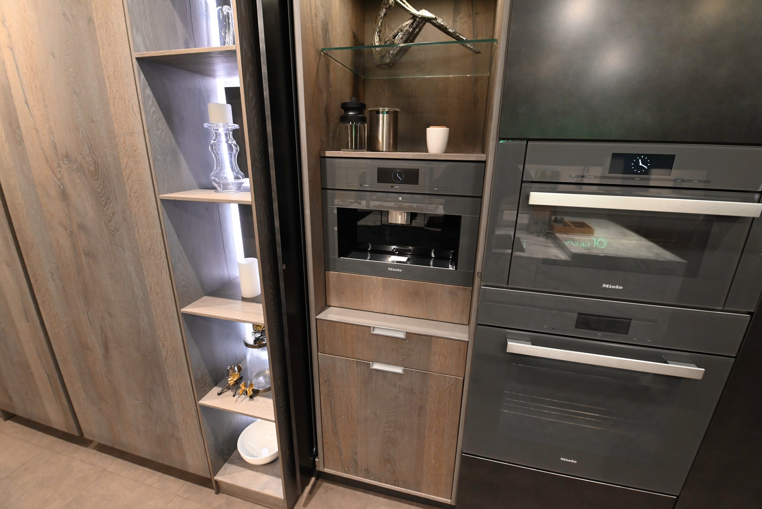 eggersmann Chablis Vintage Oak & Steel Grey Modern Kitchen with Arabescato Waterfall Island and Miele Appliance Suite