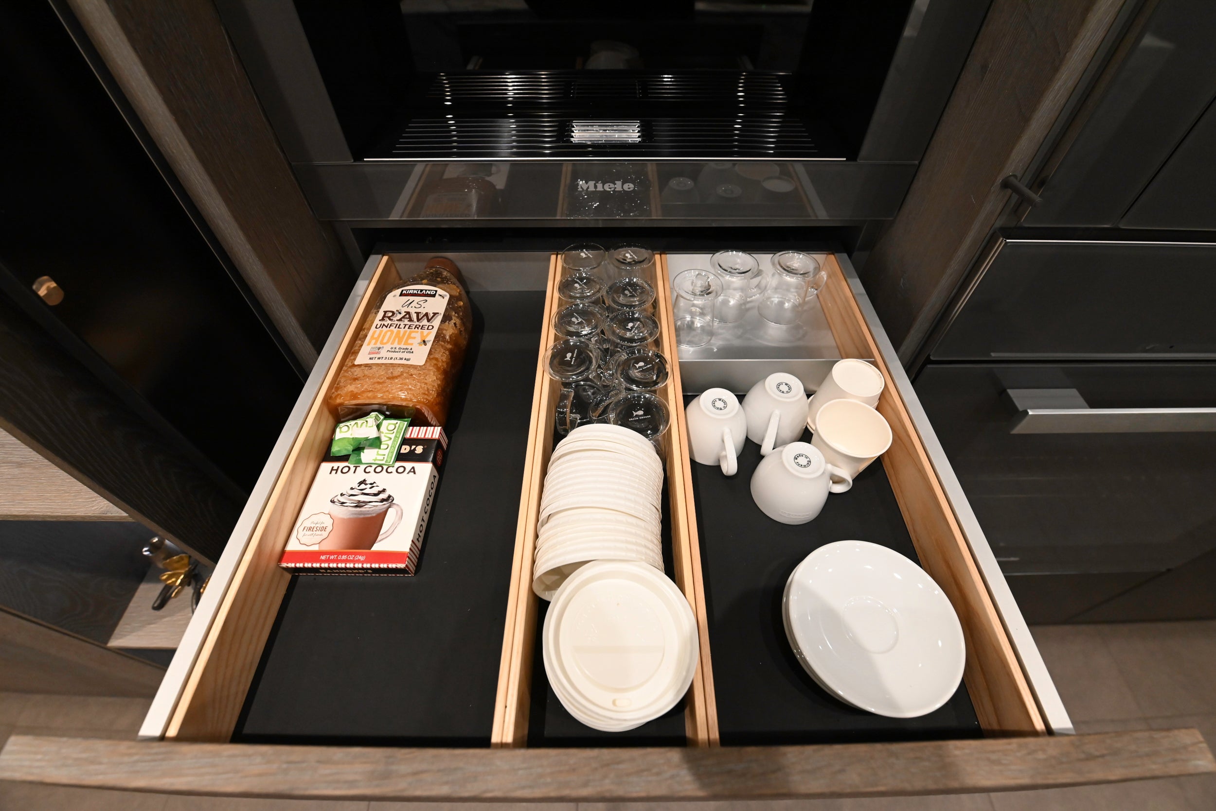 eggersmann Chablis Vintage Oak & Steel Grey Modern Kitchen with Arabescato Waterfall Island and Miele Appliance Suite