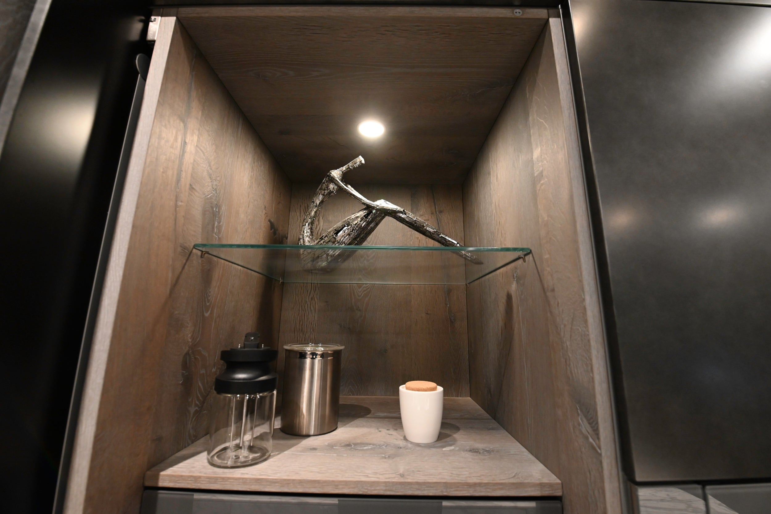 eggersmann USA Chablis Vintage Oak & Steel Grey Modern Kitchen with Arabescato Waterfall Island and Miele Appliance Suite