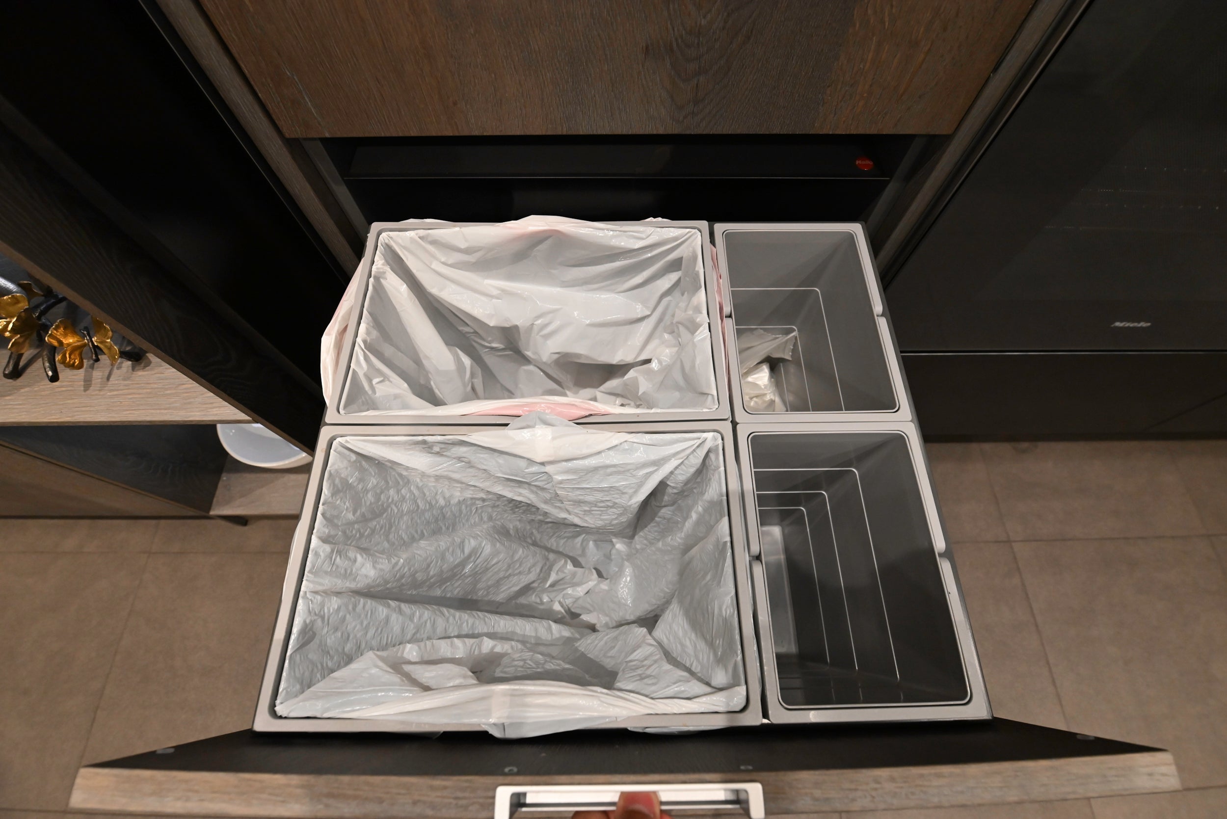 eggersmann Chablis Vintage Oak & Steel Grey Modern Kitchen with Arabescato Waterfall Island and Miele Appliance Suite