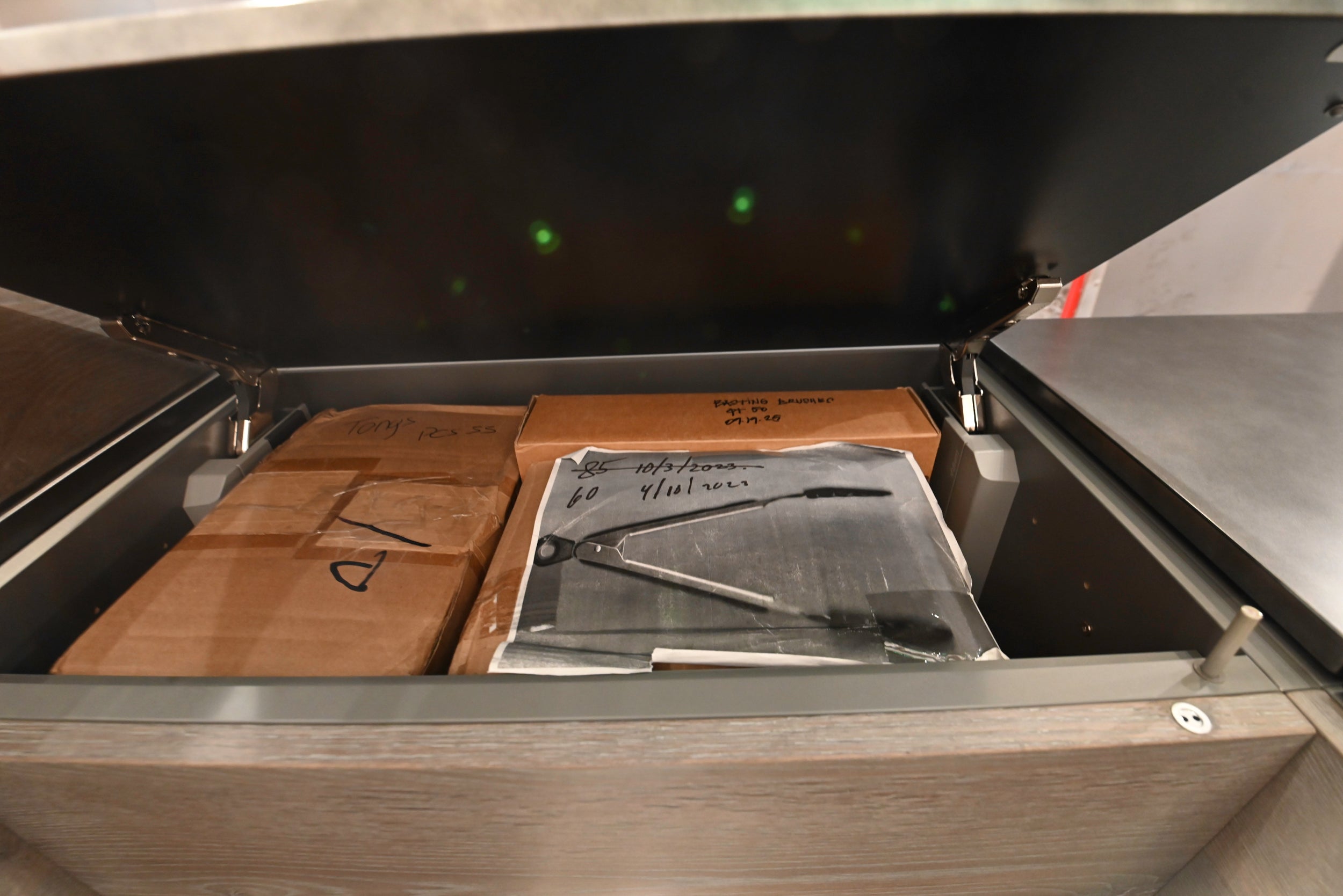 eggersmann Chablis Vintage Oak & Steel Grey Modern Kitchen with Arabescato Waterfall Island and Miele Appliance Suite