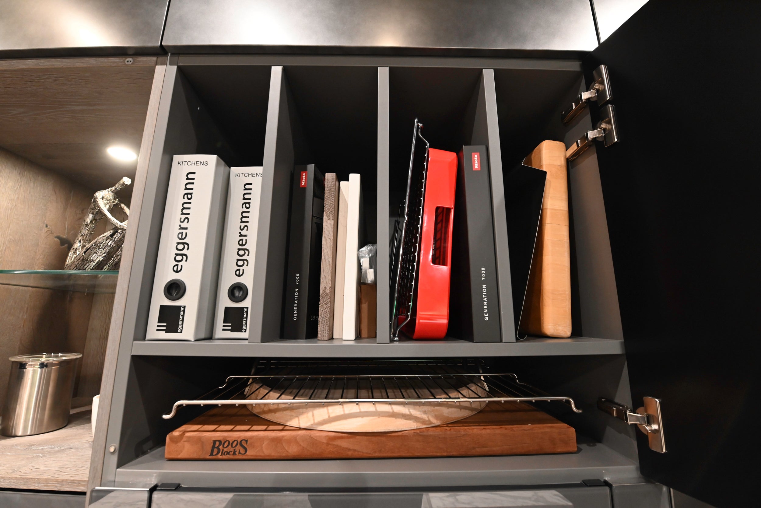 eggersmann Chablis Vintage Oak & Steel Grey Modern Kitchen with Arabescato Waterfall Island and Miele Appliance Suite