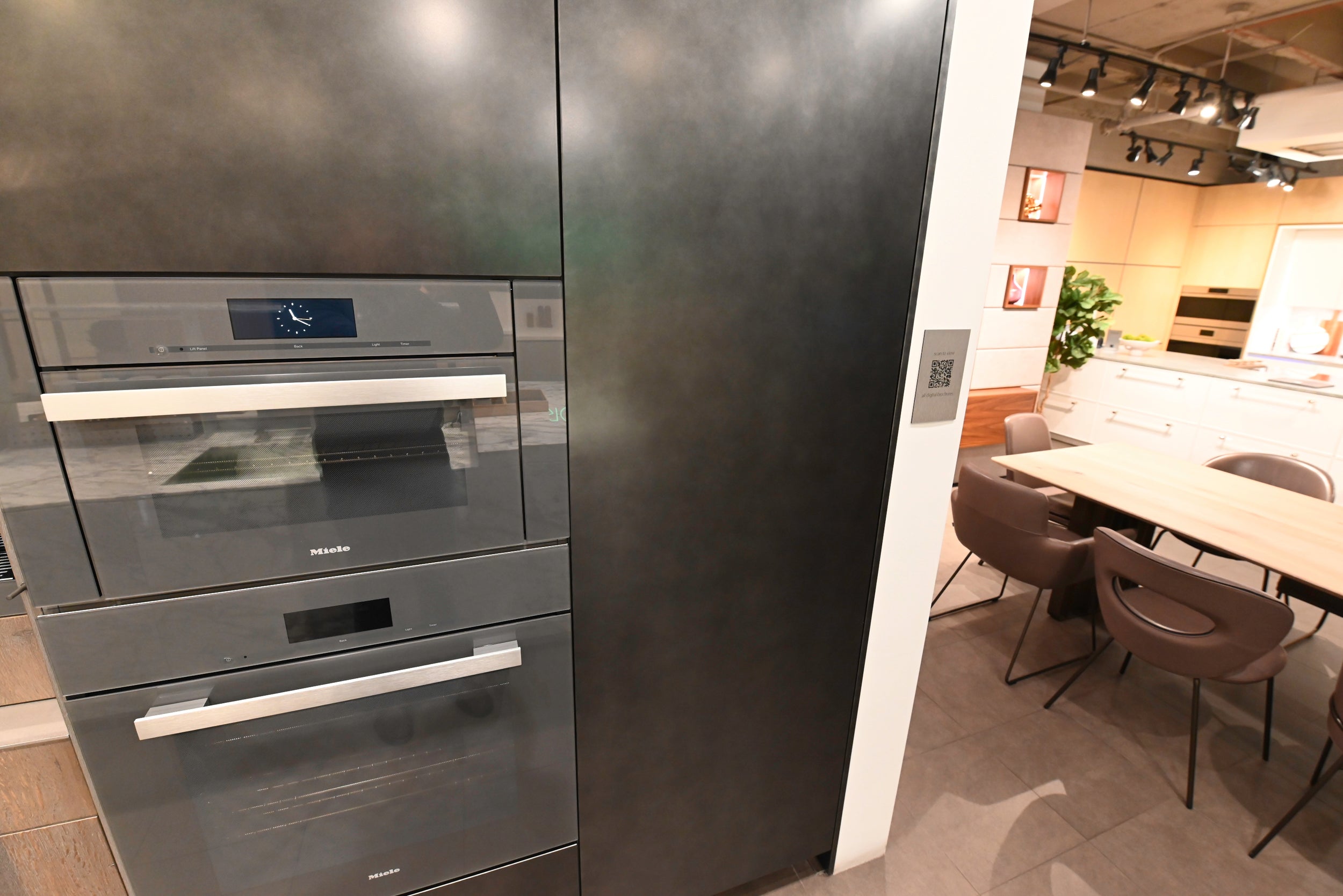 eggersmann USA Chablis Vintage Oak & Steel Grey Modern Kitchen with Arabescato Waterfall Island and Miele Appliance Suite