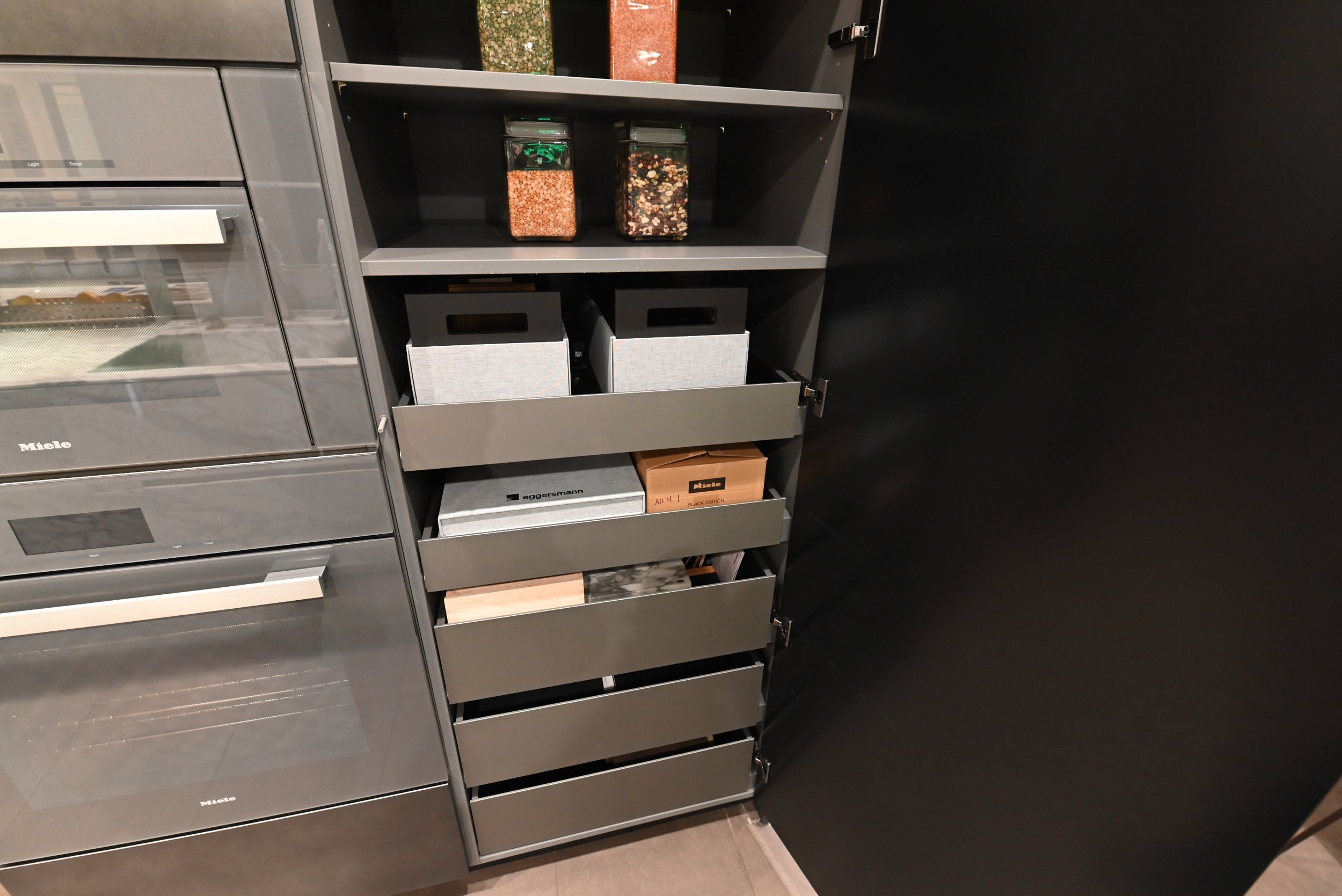 eggersmann Chablis Vintage Oak & Steel Grey Modern Kitchen with Arabescato Waterfall Island and Miele Appliance Suite