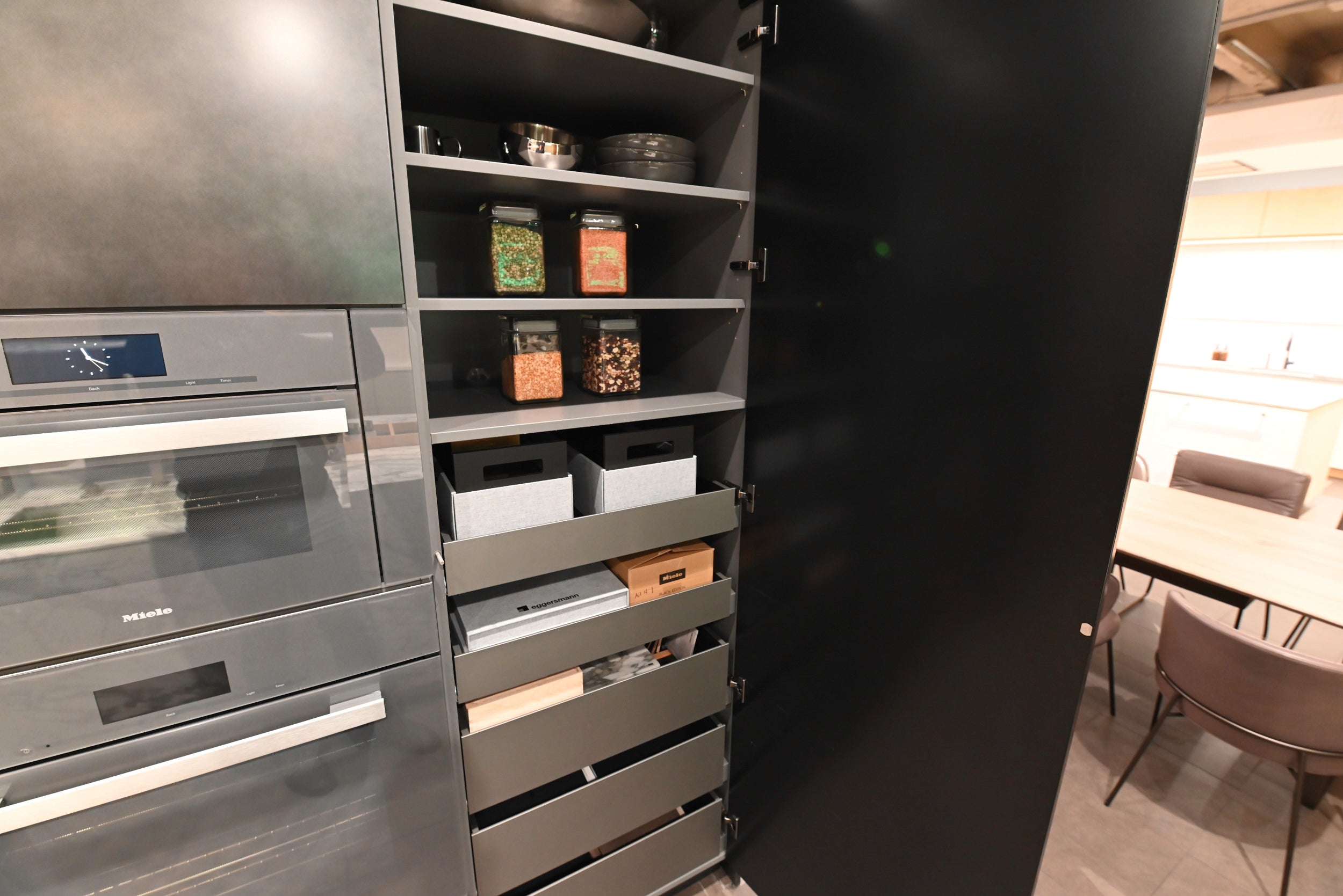 eggersmann Chablis Vintage Oak & Steel Grey Modern Kitchen with Arabescato Waterfall Island and Miele Appliance Suite