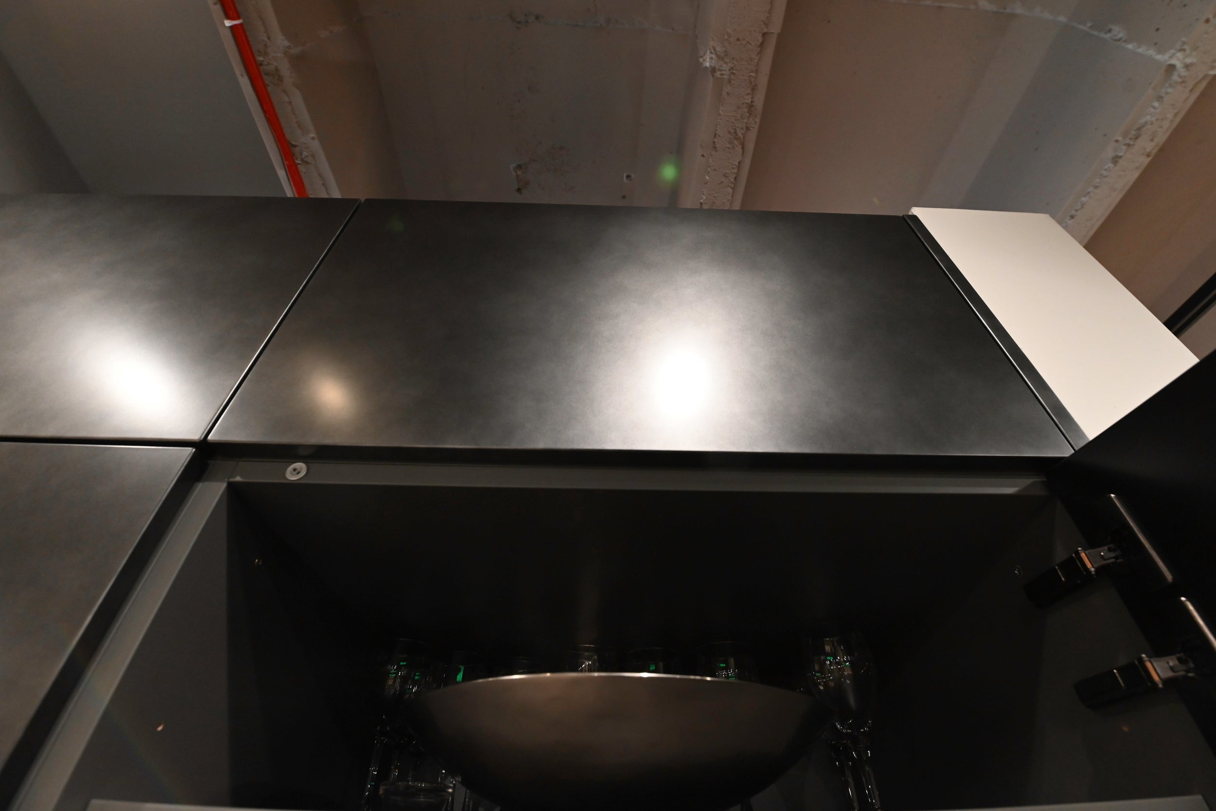 eggersmann USA Chablis Vintage Oak & Steel Grey Modern Kitchen with Arabescato Waterfall Island and Miele Appliance Suite