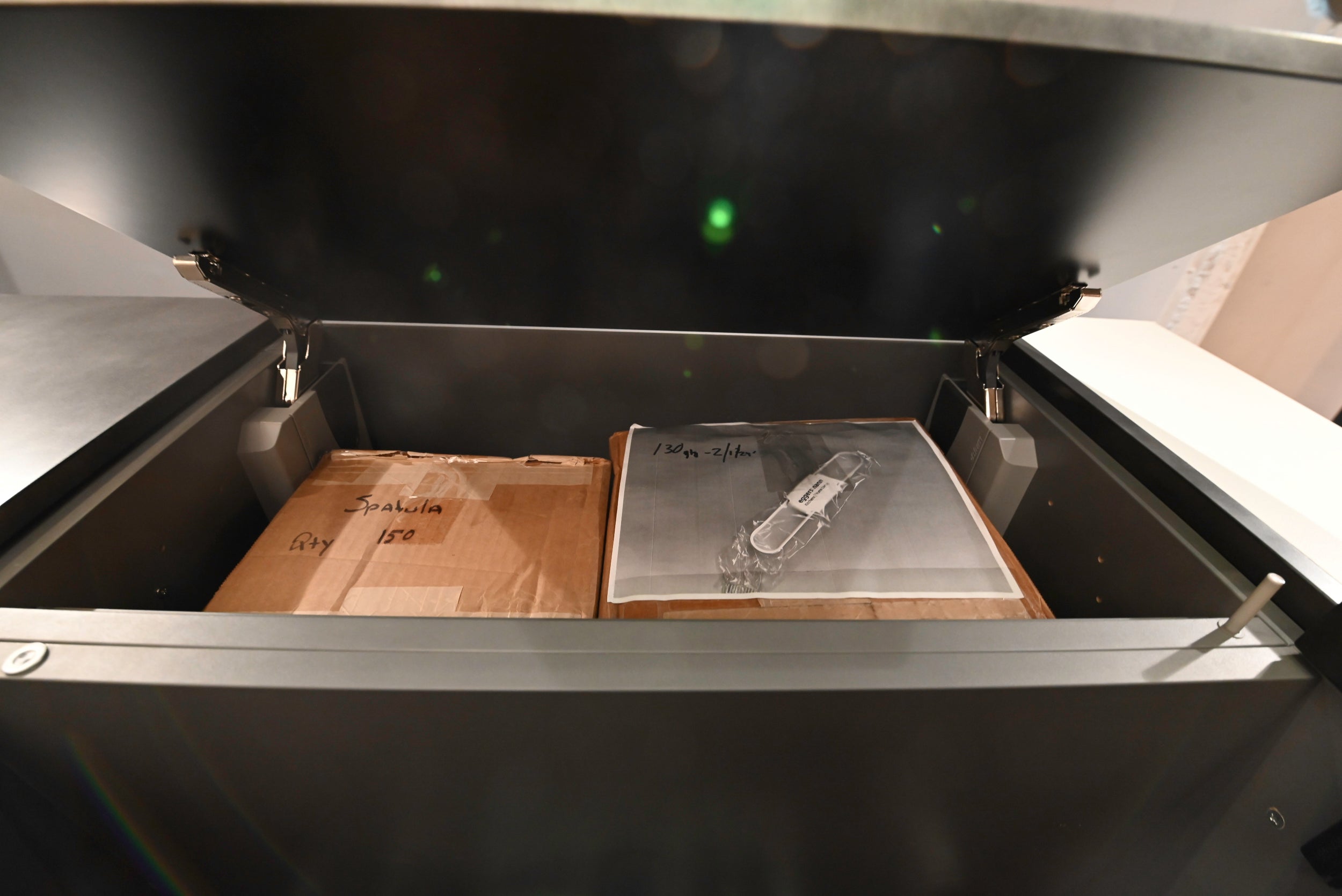 eggersmann Chablis Vintage Oak & Steel Grey Modern Kitchen with Arabescato Waterfall Island and Miele Appliance Suite