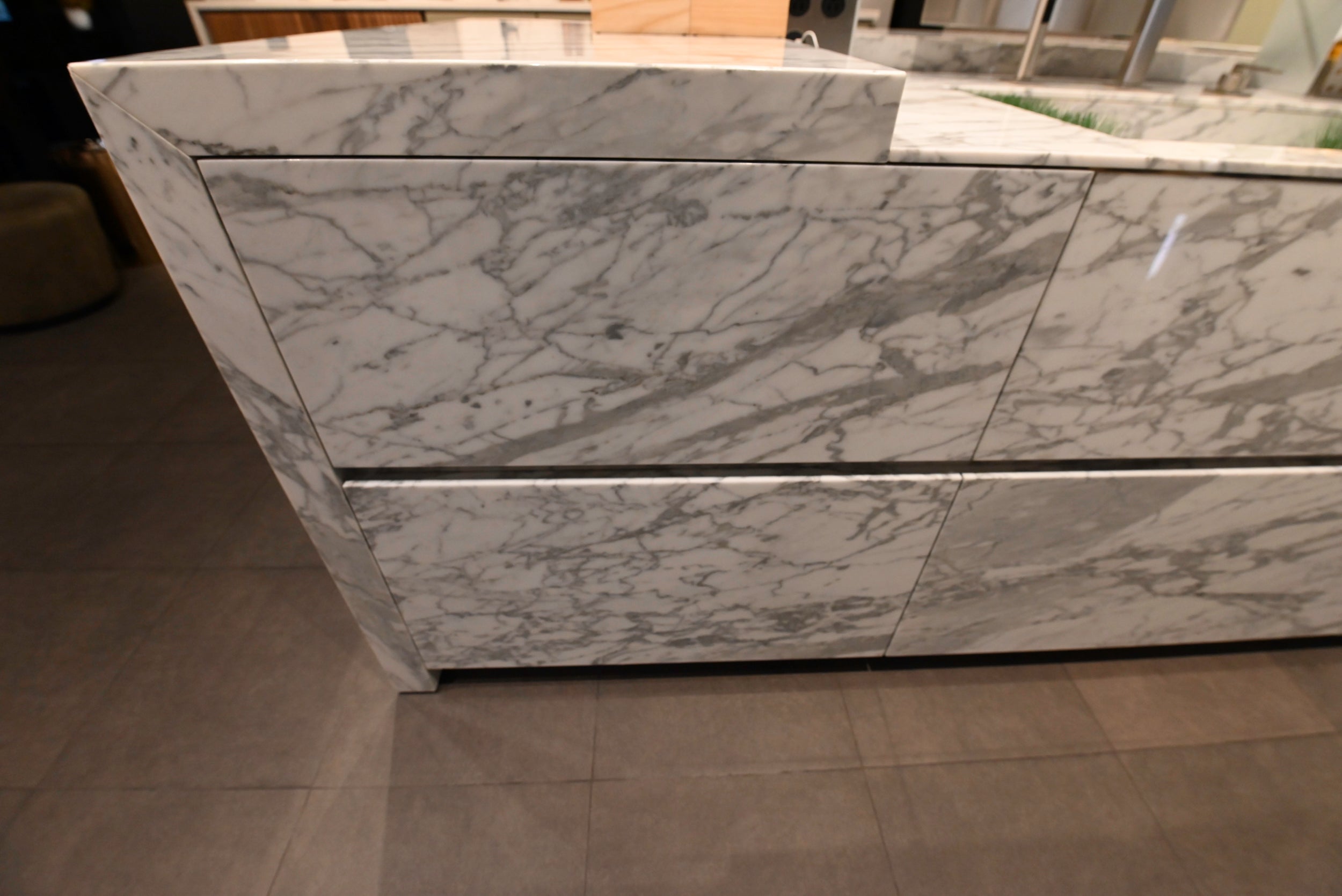 eggersmann USA Chablis Vintage Oak & Steel Grey Modern Kitchen with Arabescato Waterfall Island and Miele Appliance Suite