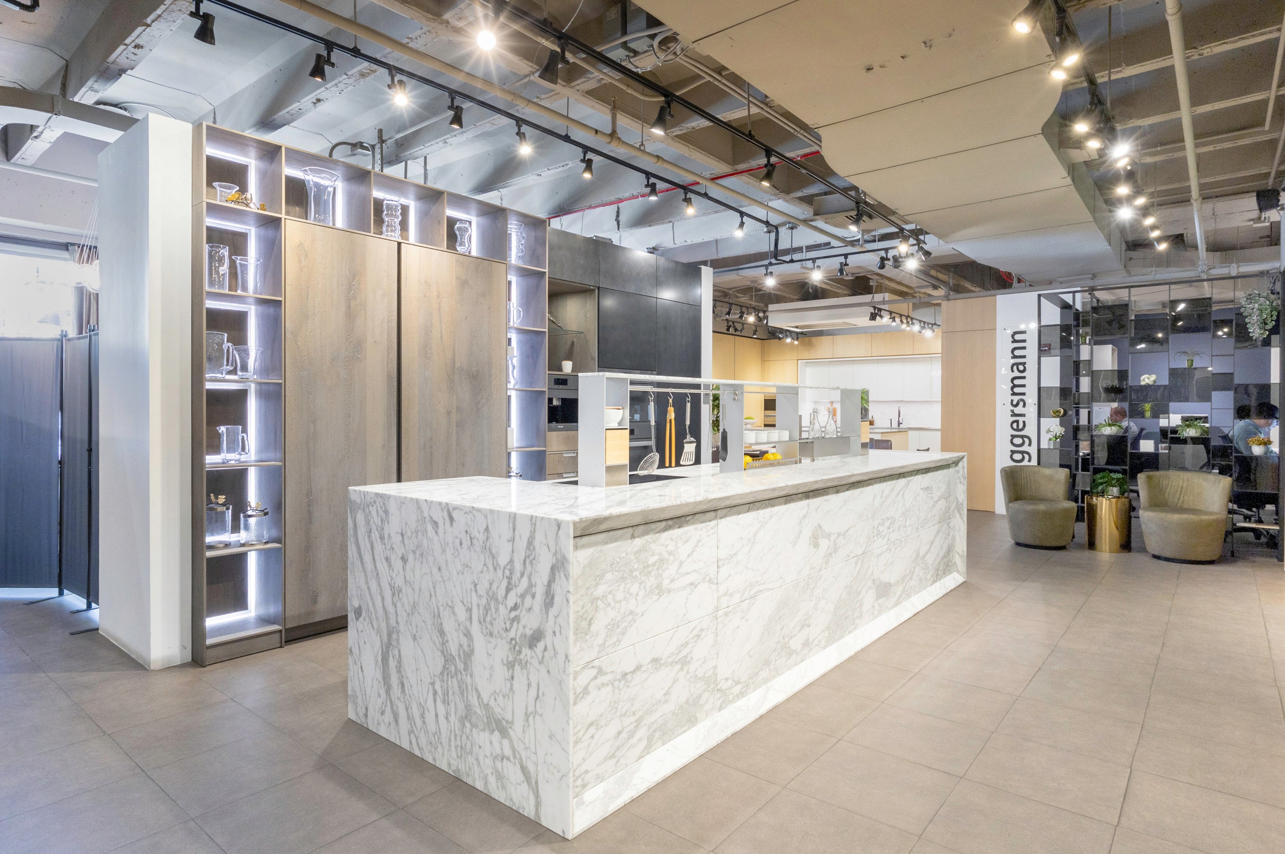 eggersmann USA Chablis Vintage Oak & Steel Grey Modern Kitchen with Arabescato Waterfall Island and Miele Appliance Suite