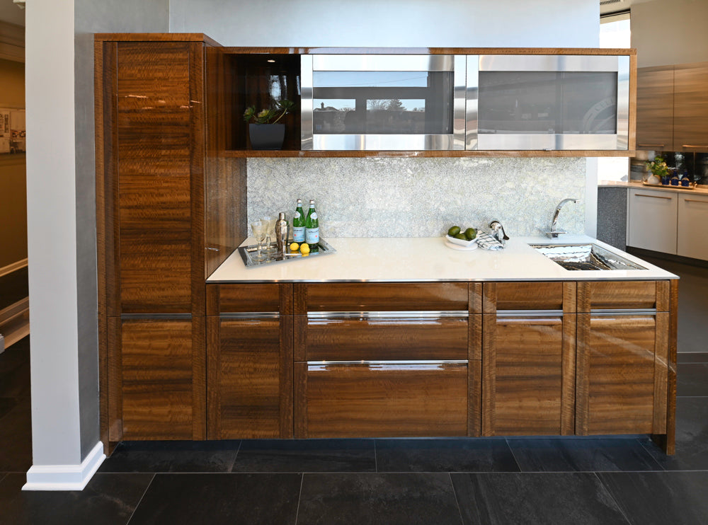 Premier Custom-Built Modern High-Gloss Wood Veneer Wet Bar with Sink & Faucet