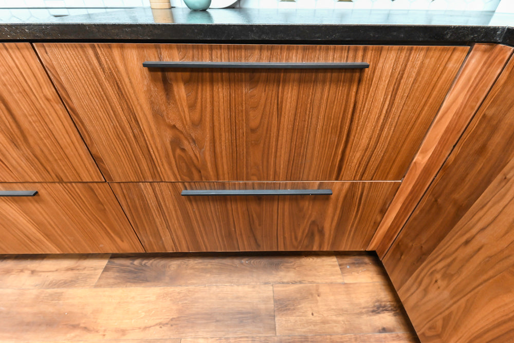 Showplace Walnut Mid-Century Modern Kitchen with Stone Countertops