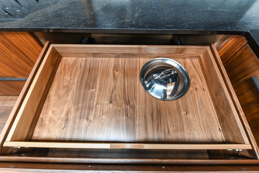 Showplace Walnut Mid-Century Modern Kitchen with Stone Countertops