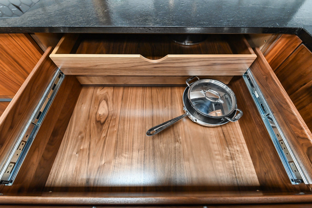 Showplace Walnut Mid-Century Modern Kitchen with Stone Countertops