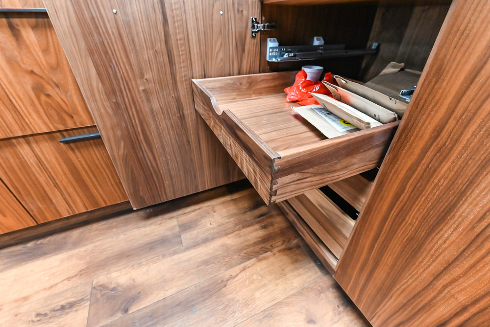 Showplace Walnut Mid-Century Modern Kitchen with Stone Countertops