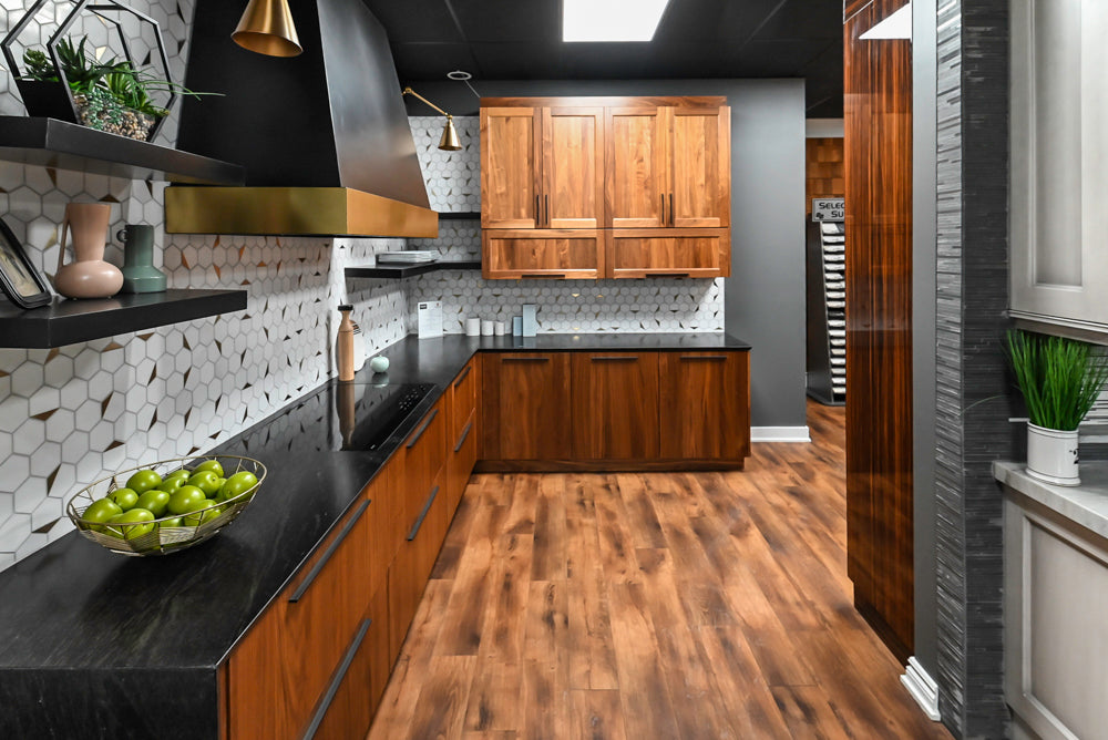 Showplace Walnut Mid-Century Modern Kitchen with Stone Countertops