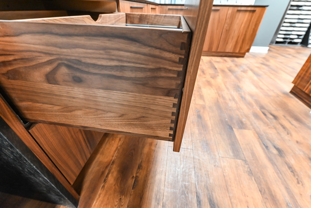 Showplace Walnut Mid-Century Modern Kitchen with Stone Countertops