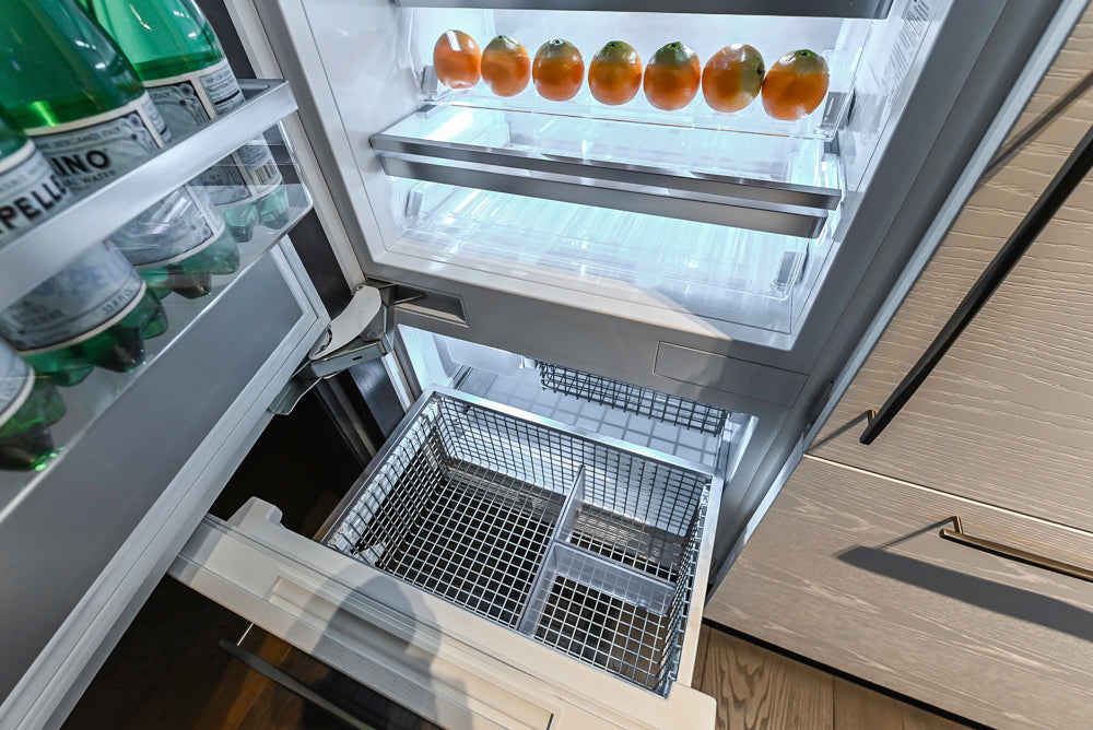 Modern White and Brown Wood Veneer Kitchen with Waterfall Island, Marble Countertops & Miele Appliances