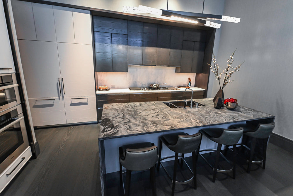 Modern White and Brown Wood Veneer Kitchen with Waterfall Island, Marble Countertops & Miele Appliances