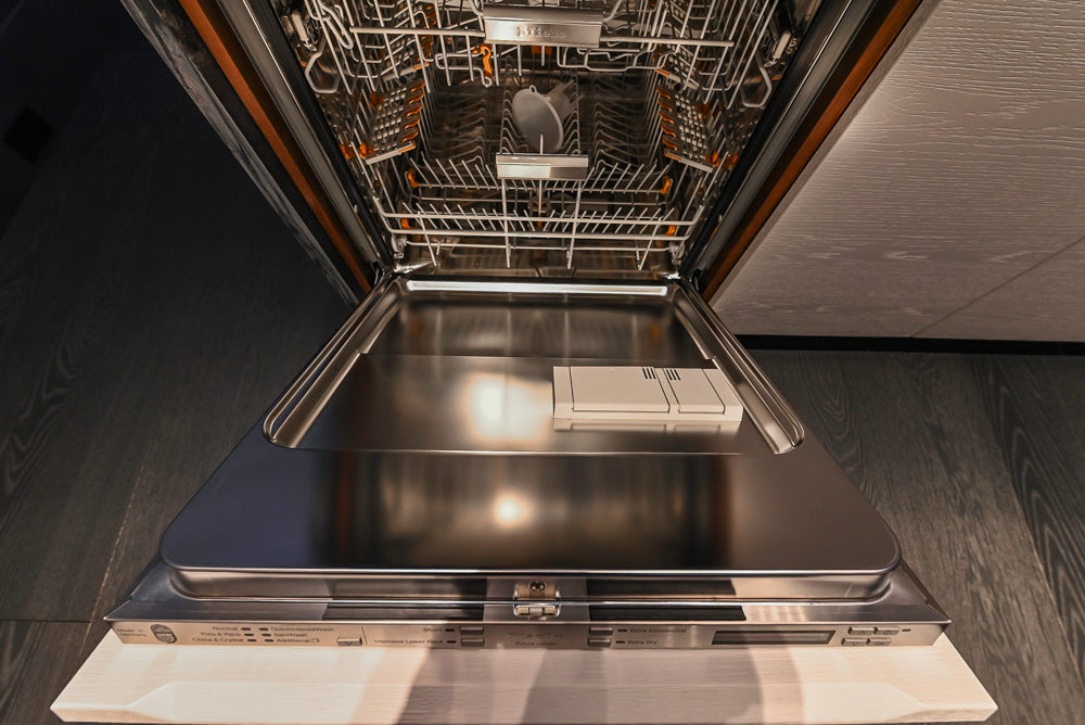 Modern White and Brown Wood Veneer Kitchen with Waterfall Island, Marble Countertops & Miele Appliances