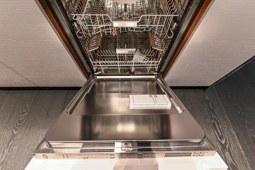 Modern White and Brown Wood Veneer Kitchen with Waterfall Island, Marble Countertops & Miele Appliances