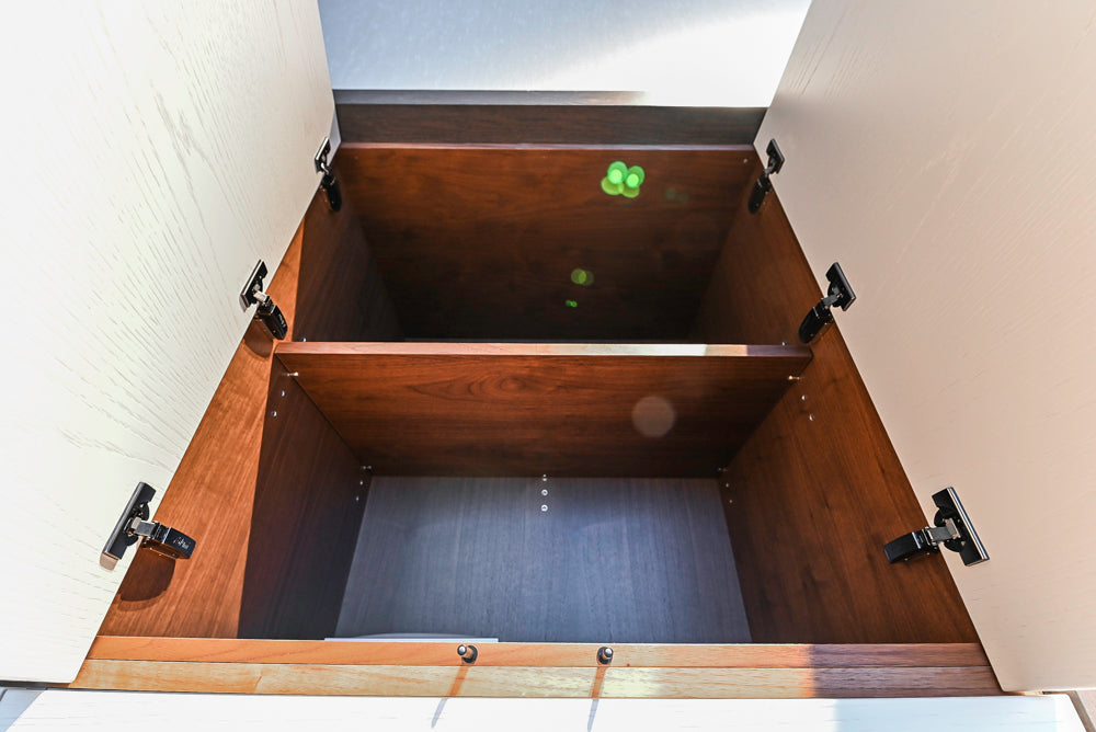 Modern White and Brown Wood Veneer Kitchen with Waterfall Island, Marble Countertops & Miele Appliances