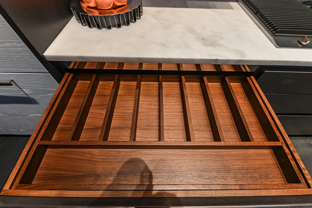 Modern White and Brown Wood Veneer Kitchen with Waterfall Island, Marble Countertops & Miele Appliances