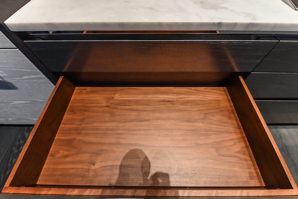 Modern White and Brown Wood Veneer Kitchen with Waterfall Island, Marble Countertops & Miele Appliances
