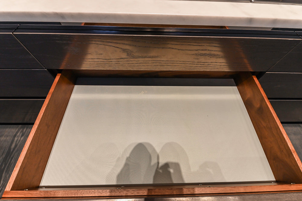 Modern White and Brown Wood Veneer Kitchen with Waterfall Island, Marble Countertops & Miele Appliances