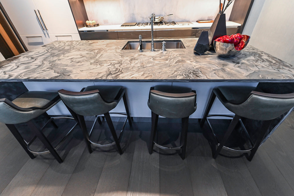 Modern White and Brown Wood Veneer Kitchen with Waterfall Island, Marble Countertops & Miele Appliances