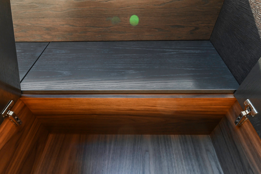 Modern White and Brown Wood Veneer Kitchen with Waterfall Island, Marble Countertops & Miele Appliances